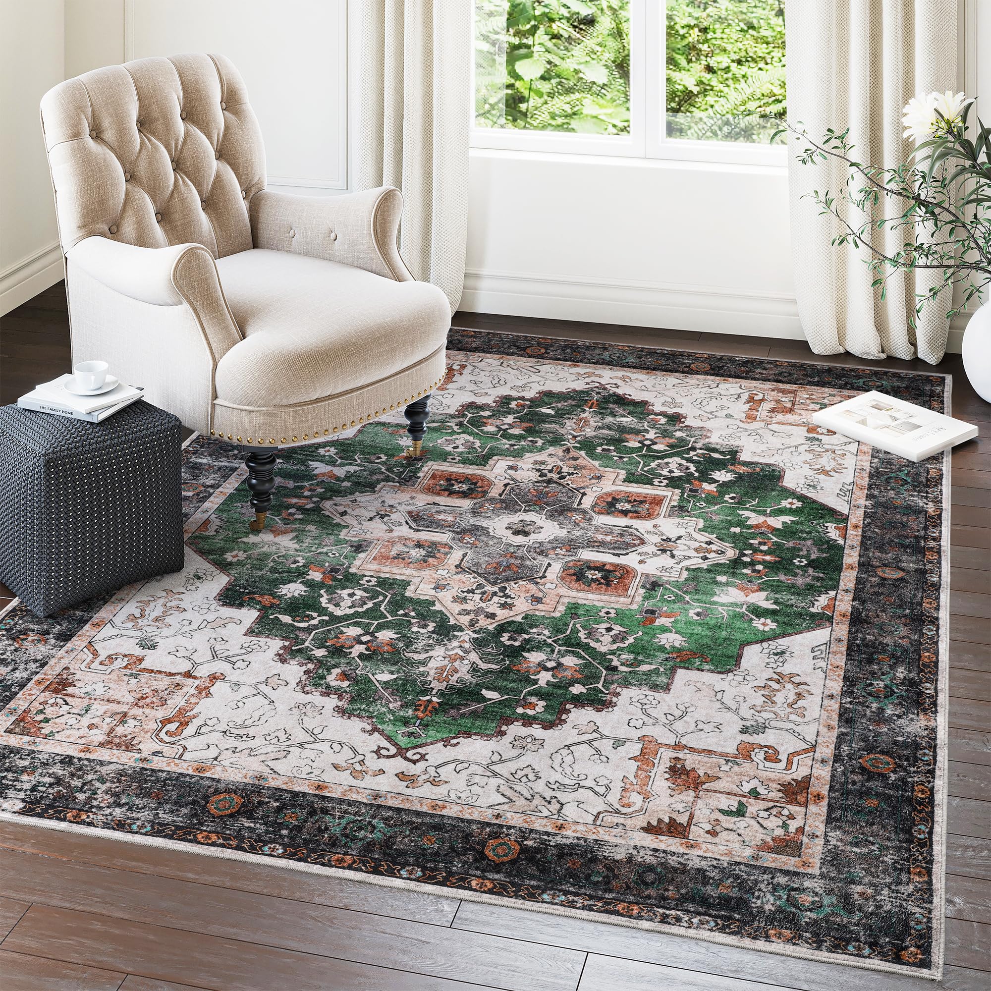 Washable Rug - Anti Slip 8x10 Area Rug, Machine Washable Area Rugs for Living Room, Stain Resistant Bedroom Rug (8'x10', Forest Green)