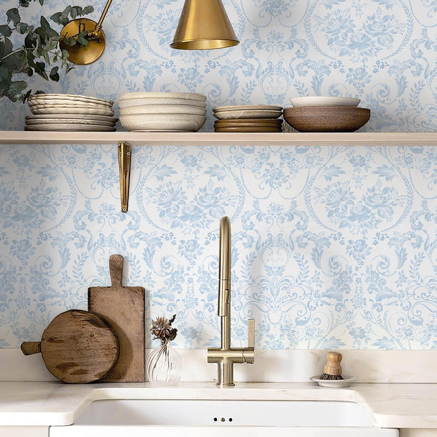 Ismoon Floral Peel and Stick Wallpaper Vintage Blue Contact Paper Watercolor Damask Wallpaper Boho Waterproof Removable Self-Adhesive Wall Paper for Bedroom Shelf Cabinet Décor 17.3in x 6.56ft