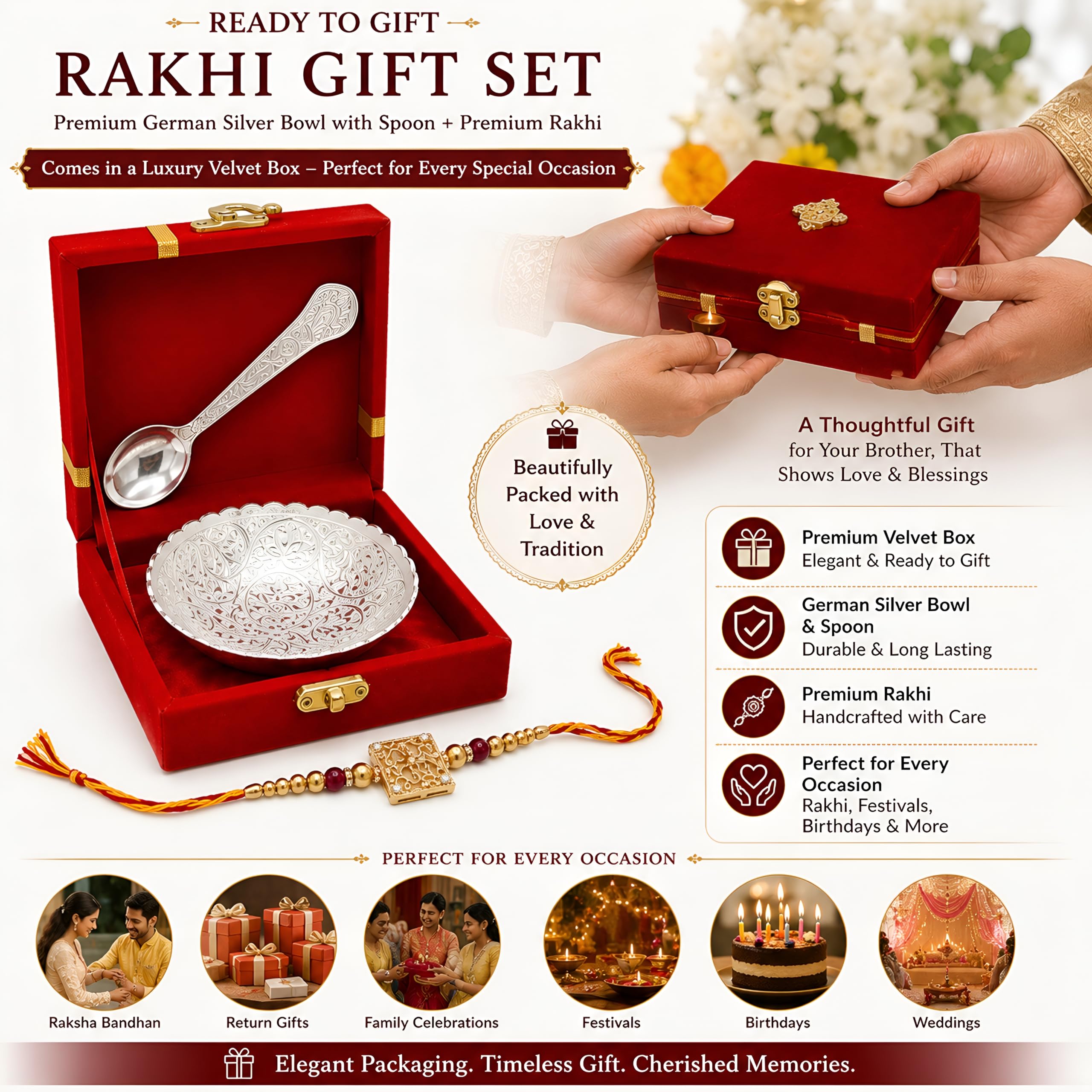 AC ANAND CRAFTS Rakhi Gift Hamper for Brother | Handmade Designer Rakhi with German Silver Bowl Spoon Set, Roli Chawal & Premium Red Velvet Gift Box | Raksha Bandhan Gift for Bhai 3