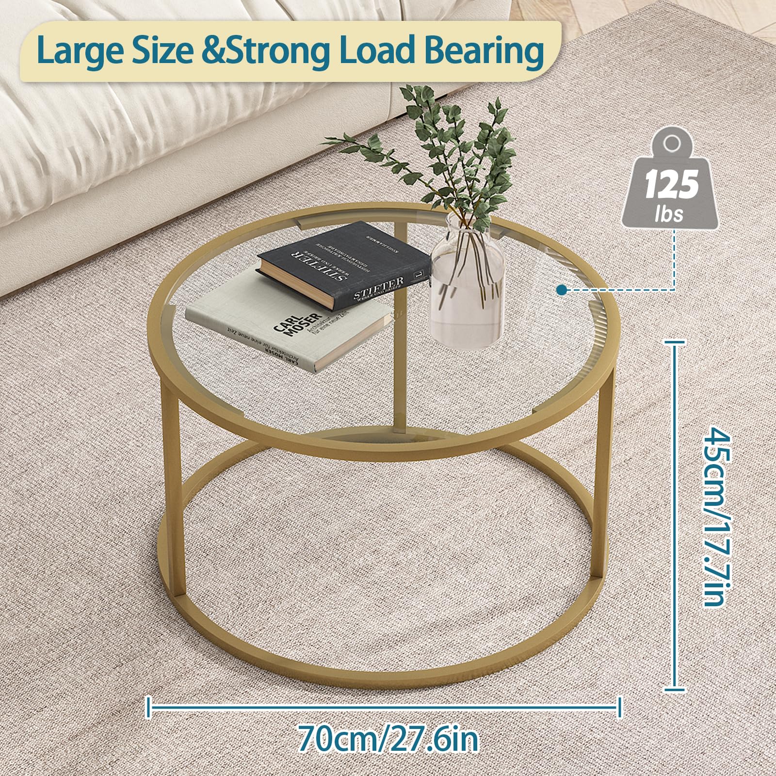 Easy Paws Glass Coffee Table,Round Gold Coffee Table for Small Space,27' Modern — product photo