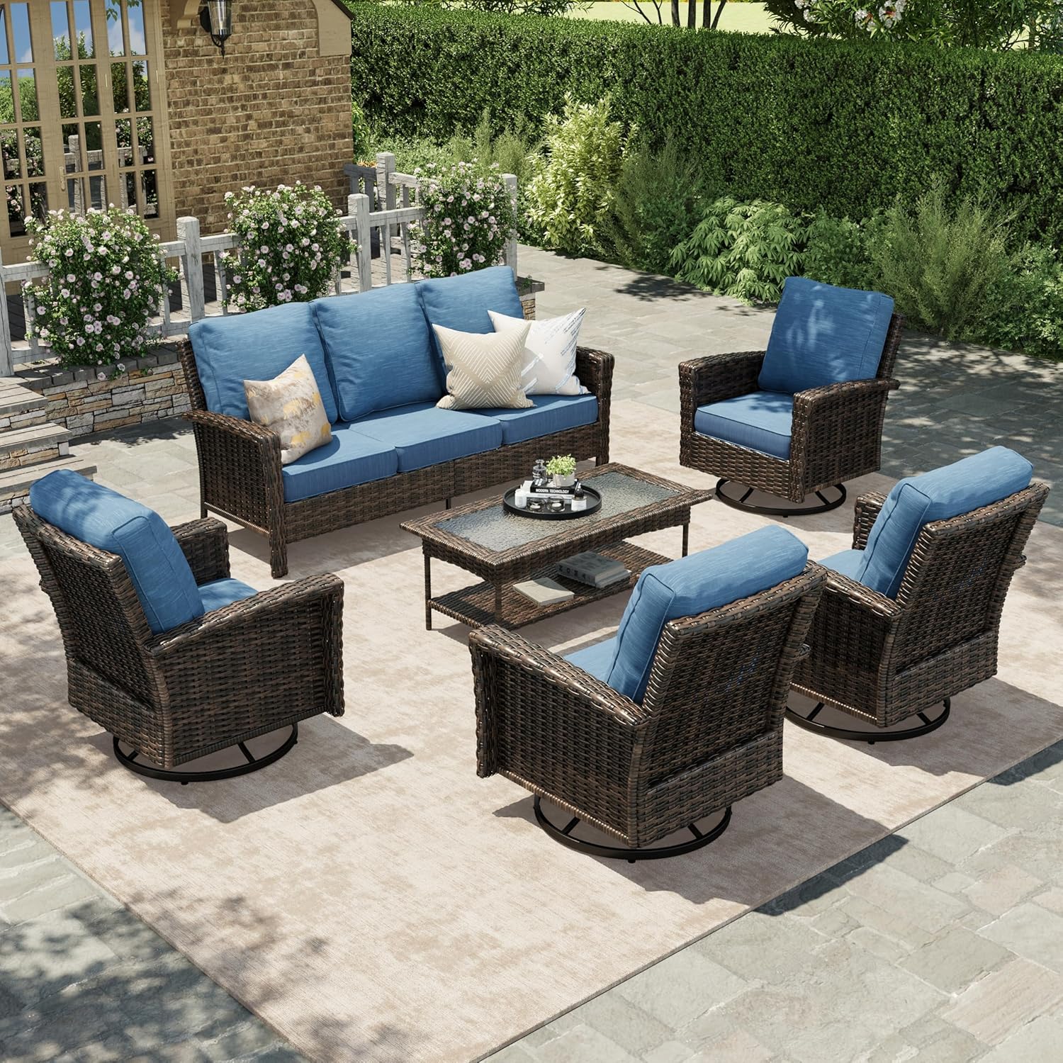 HERA'S HOUSE Patio Furniture Set, 4 x High Back Swivel Chairs with 5.5" Comfy Cushions, 6 Pieces Outdoor Wicker Conversation Set for Lawn Deck Backyard, Navy Blue