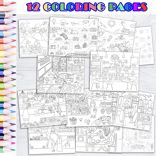 Miniatura 7 de 500 unidades + calcomaníaslibro para colorear para niños pequeños de 2 a 4 años, calcomanías alrededor de mi ciudad, libro de 12 escenas, 12 páginas
