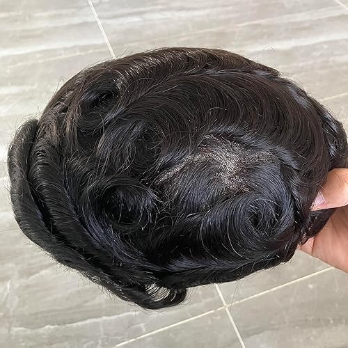 Miniatura 3 de Tupé de poliuretano fino transparente para hombre con bucle en V de 0.002 in, sistema de reemplazo de cabello humano real, tupé para hombres, piel