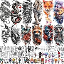 70 Sheets Dragon Tiger Temporary Tattoos For Women Men Half Arm Sleeve, 3D Temp Bulk Halloween Eagle Fox Ship Snake Scorpion Rose Butterfly Raccoon Watercolor Realistic Fake Tattoo Sticker Adults