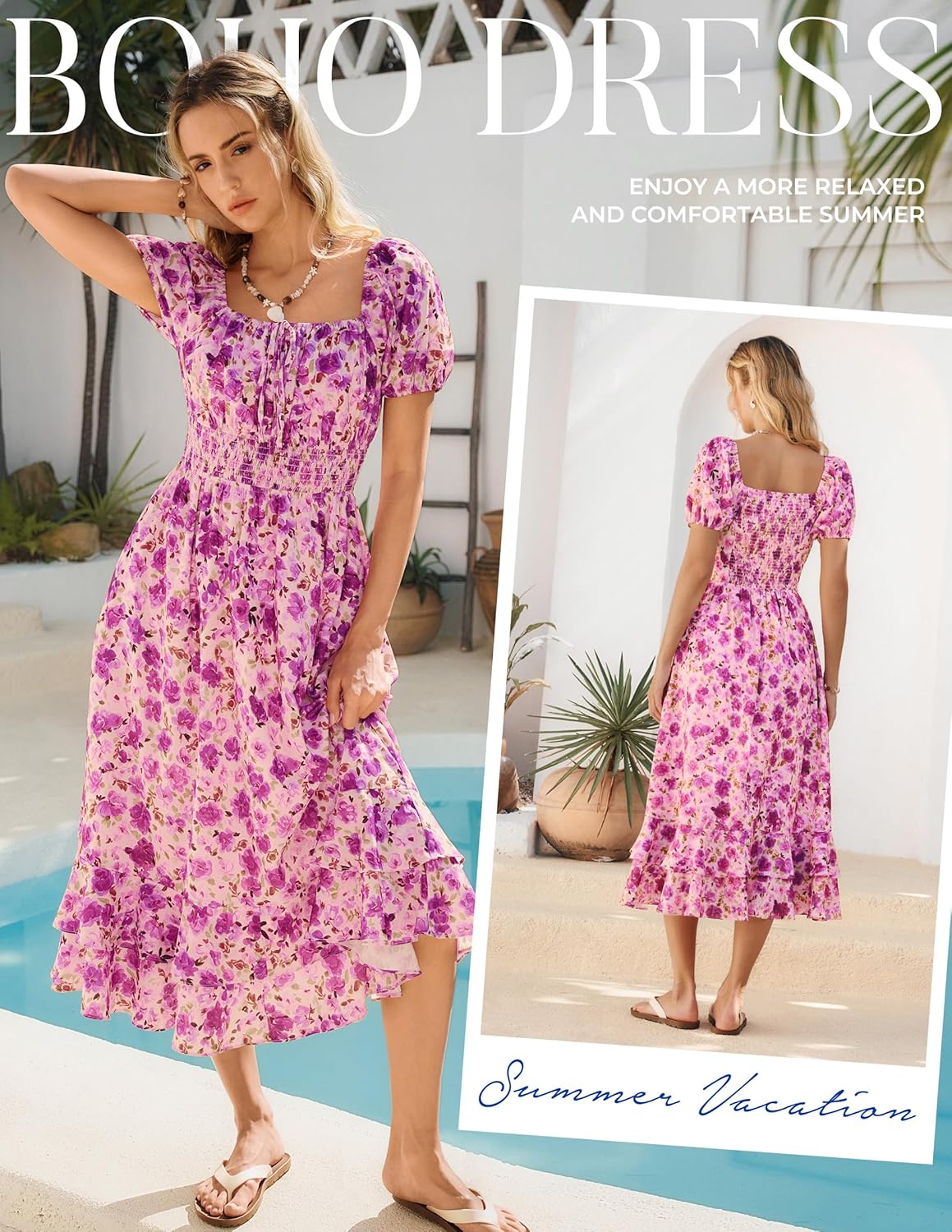 Kate Kasin Womens Summer Boho Floral Maxi Dress 2026 Square Neck Puff Sleeve Smocked Flowy A Line Beach Wedding Guest Dresses - Image 3