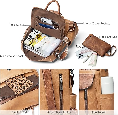 Miniatura 5 de Shrrie Mochila para mujer, mochila de cuero a la moda, mochila de viaje, bolsa de hombro convertible con muñequera