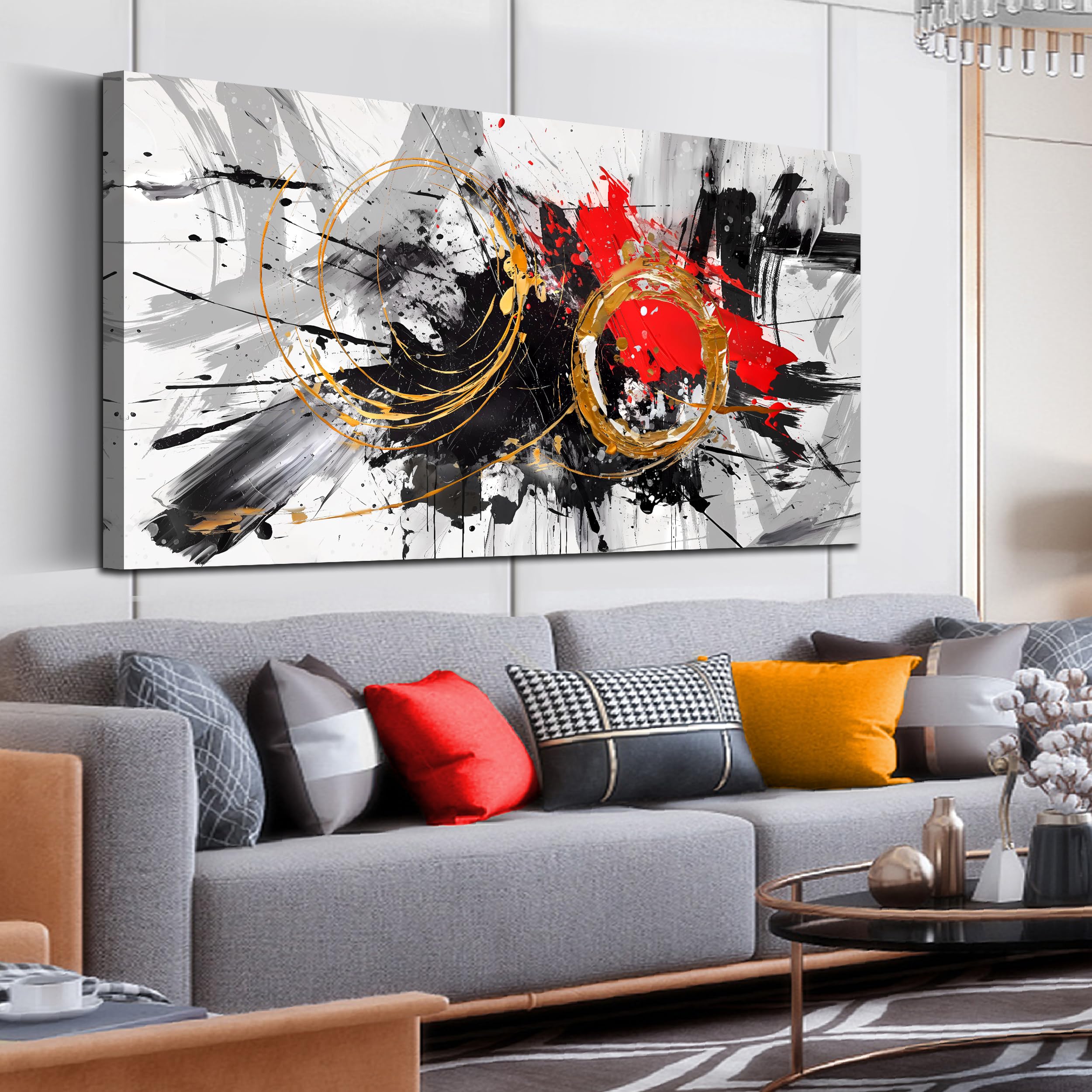 Large Abstract Wall Art Black and White Canvas Wall Art Living Room Art Wall Decor Bedroom Office Prints Pictures Size 24" x 48"