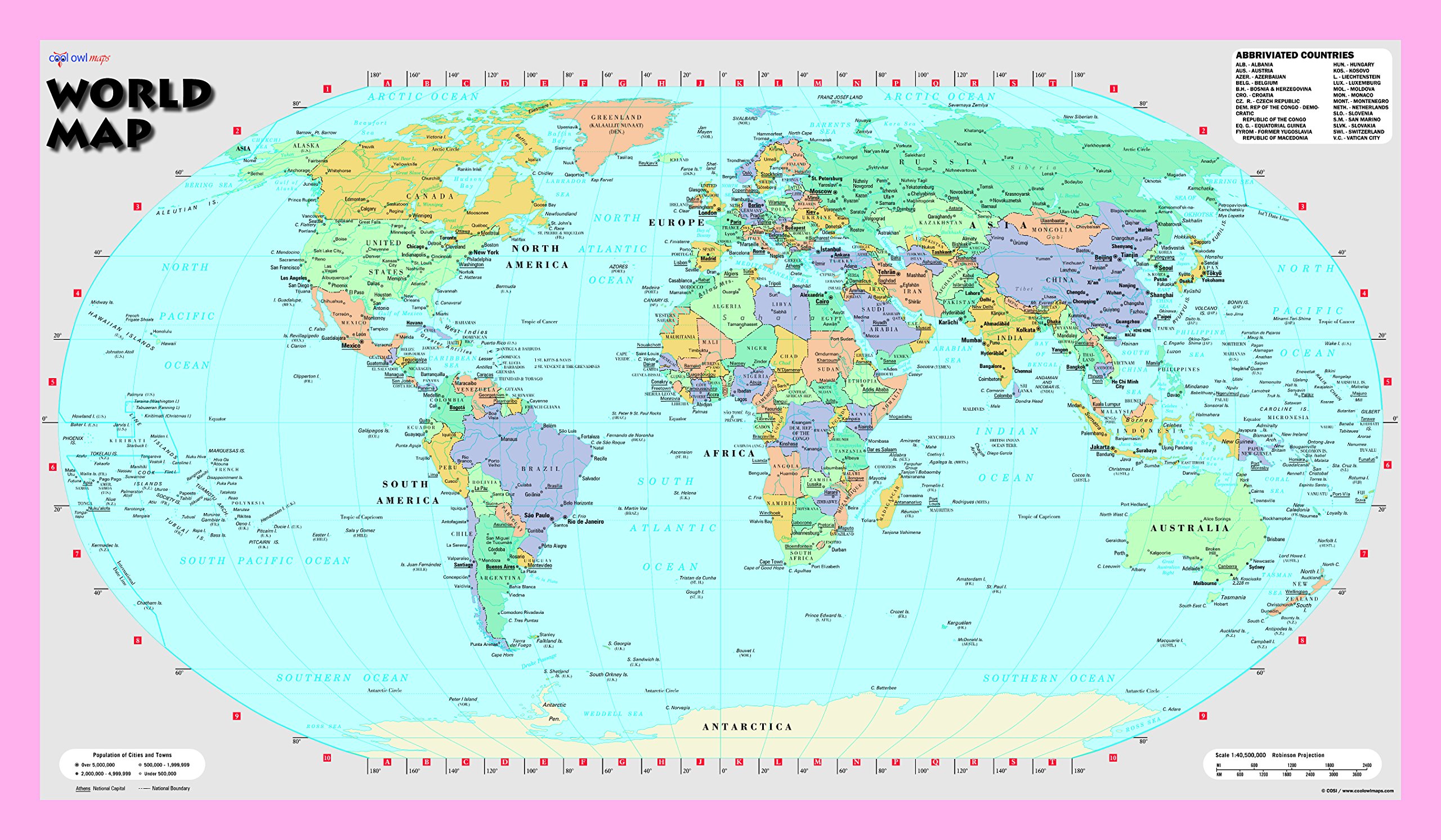World Wall Map Robinson Projection - Poster Size (21"x36") Rolled Laminated (Pink)