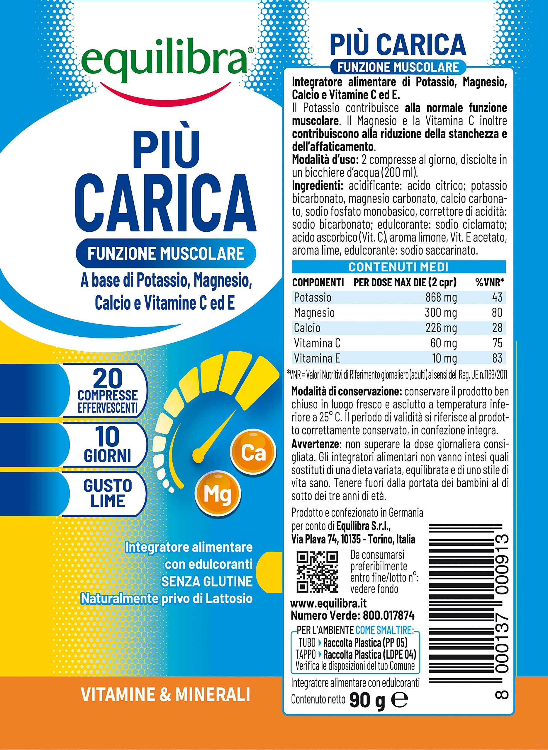 Equilibra Integratori Alimentari, Più Carica, Integratore per la Normale Funzione Muscolare, con Potassio, Magnesio, Calcio, Vitamina C e Vitamina E, Gusto Lime, 3 pezzi da 20 Compresse Effervescenti