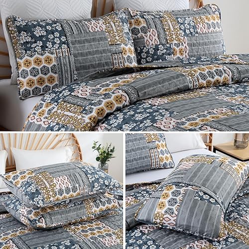 Vista 99 de Mybedsoul - Juego de edredón floral a cuadros color azul aguamarina de 3 piezas tamaño King, bohemio, de microfibra ligera, para todas