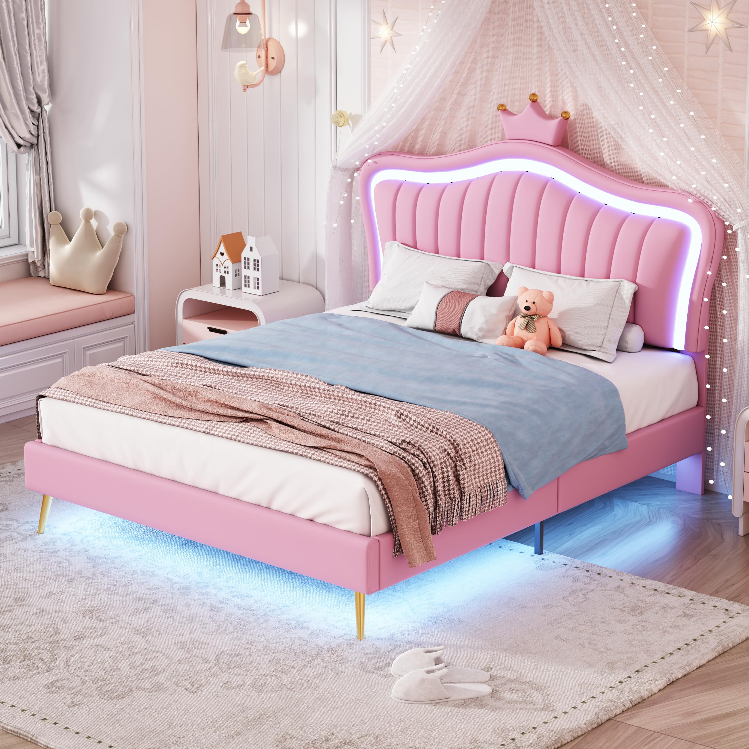 Cama infantil tapizada, marco de cama para niñas, marco de cama doble de piel sintética con luces LED, somier de láminas y respaldo (colchón no incluido) (rosa, 140 x 200 cm)
