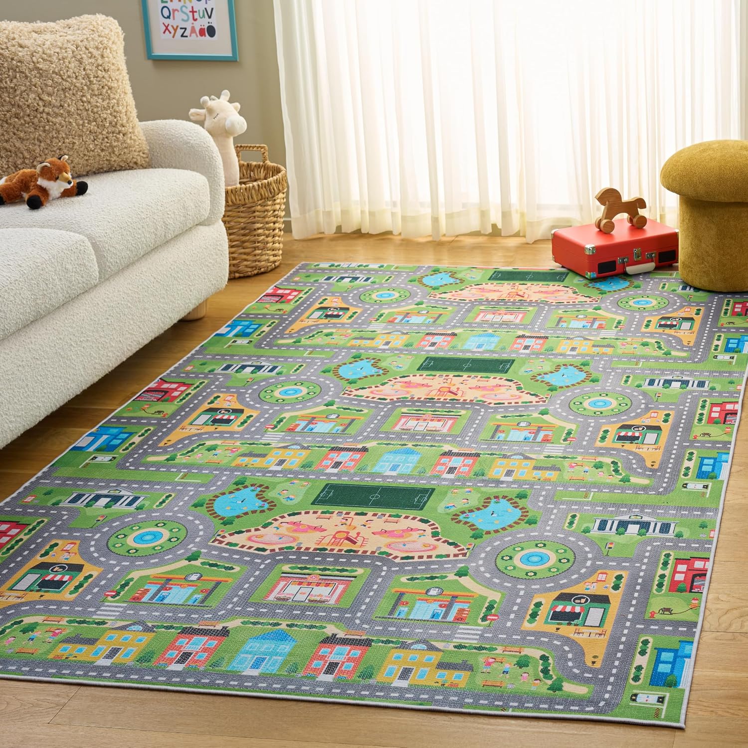 SAFAVIEH Washable Rug Tacoma Kids Collection - 4' x 6', Grey & Green, Slip Resistant & Easy to Clean, Educational Playmat Road, Ideal for Boys & Girls in Playroom, Nursery, Bedroom (TCK169F)