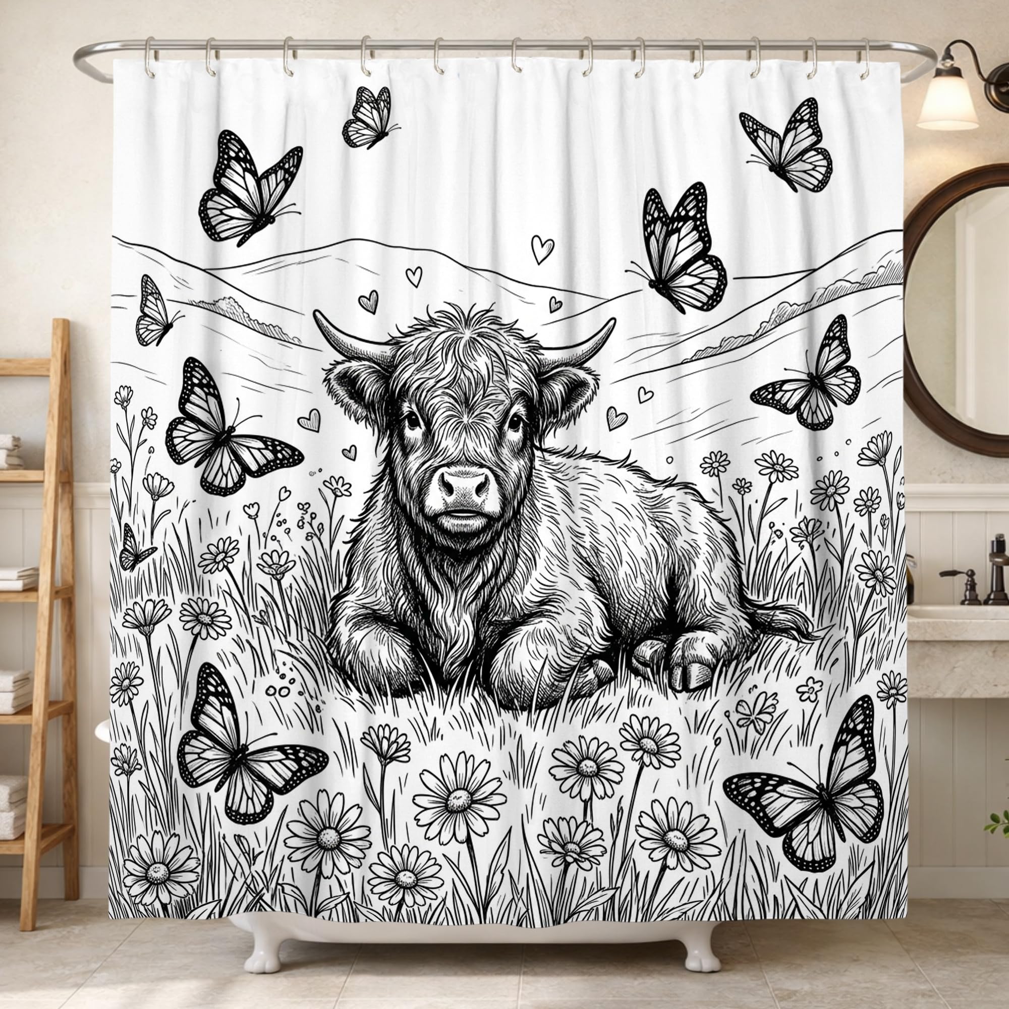 Rideau de douche vache rustique pour une déco de salle de bain nature