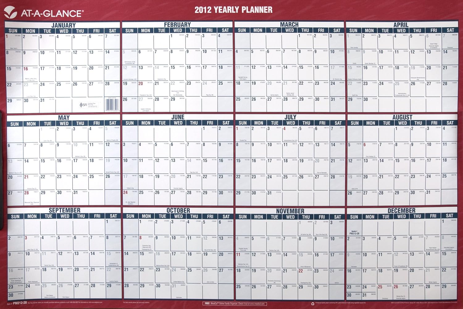 AT-A-GLANCE Recycled Paper Vertical/Horizontal Wall Calendar, Large Wall, Red, 2013 (PM212-28)