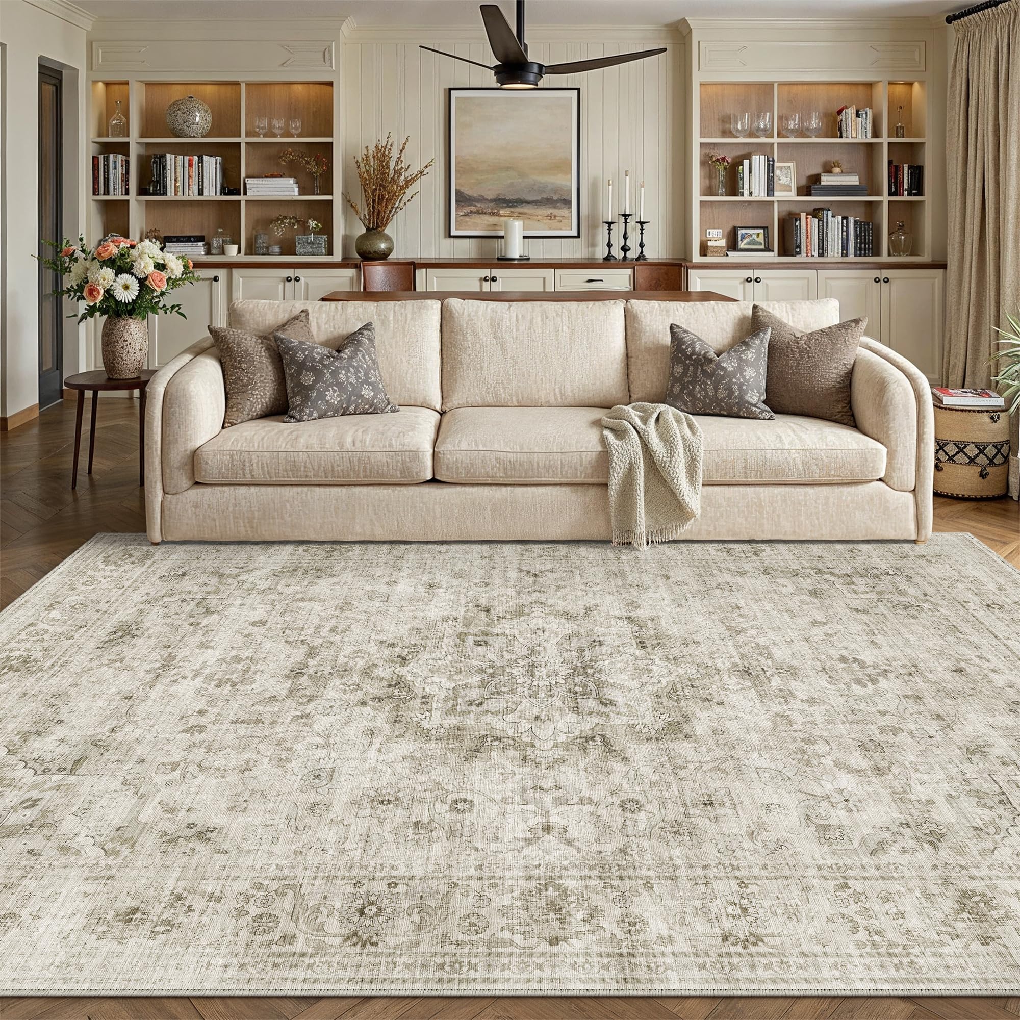 PureCozy Vintage Rugs Living Room 160x230cm Beige Machine Washable Non Slip Area Rug Kids Bedroom Bedside Lounge Playroom Office Indoor Large Carpet Retro Low Pile Carpets