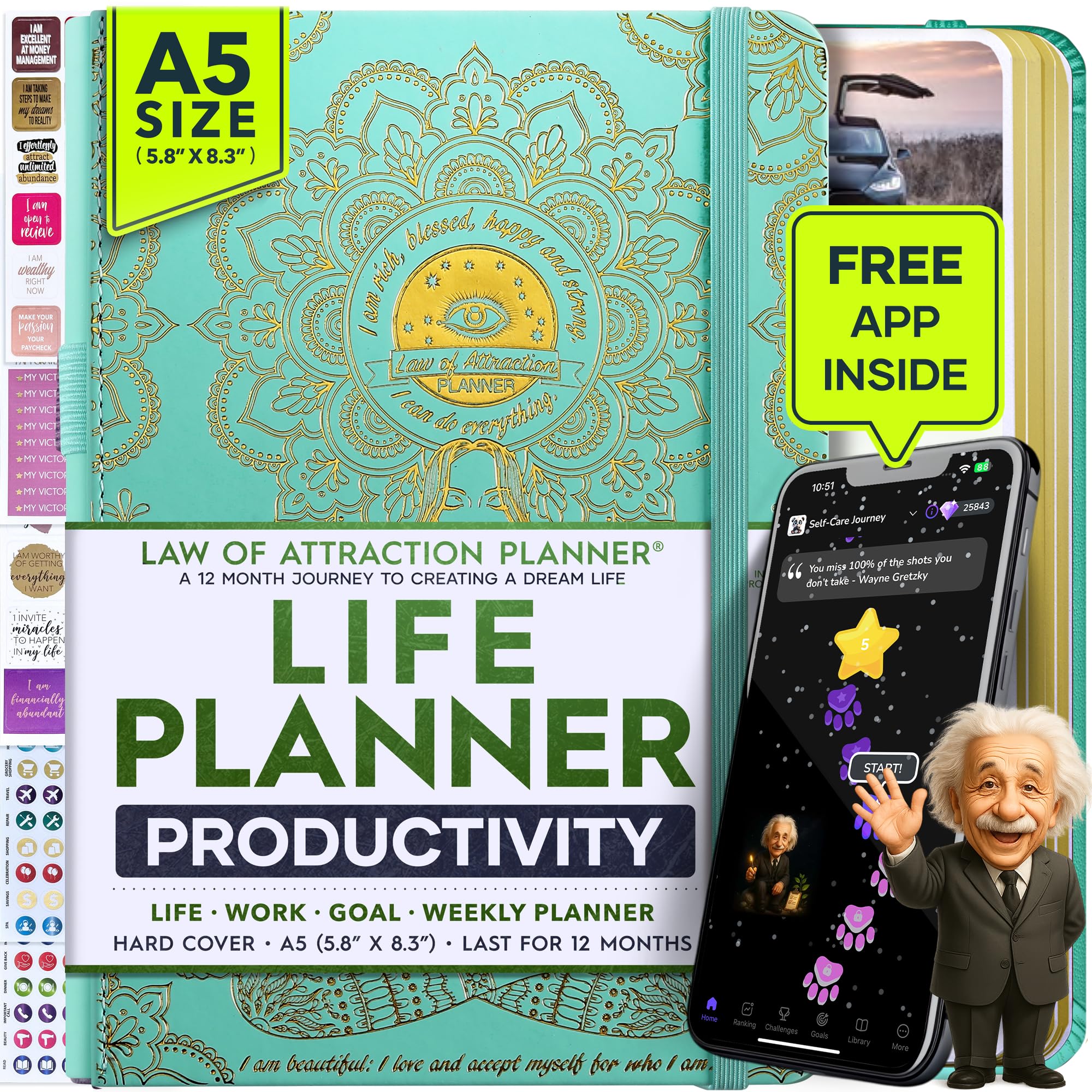 Life Planner - Undated Weekly & Monthly Planner, 12-Month Journey to Increase Productivity | Gratitude Journal, Life Organizer & Goal Journal | Include Foldable Vision Board, Habit Tracker & Stickers