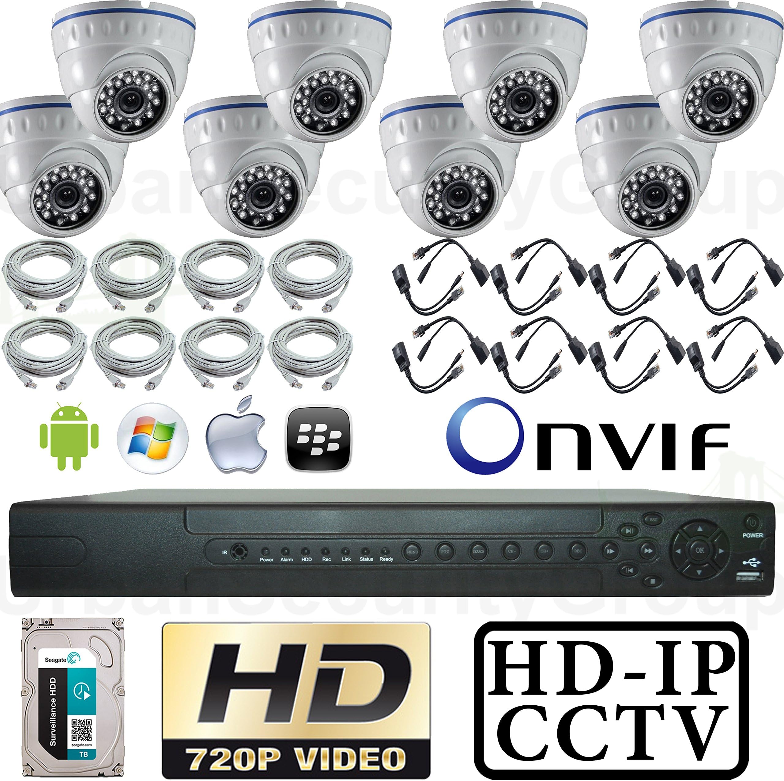 USG 1080P 2MP Full HD PoE HD IP CCTV Kit: 8X IP PoE 3.6mm Dome Cameras + 1x 16 Channel 5MP PoE NVR + 1x 2TB HDD + 8X Ethernet Network Cables : Free Phone App