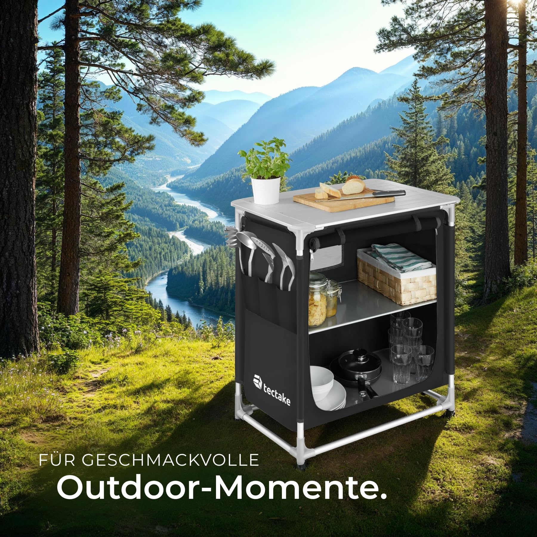 tectake® Camping Küche, Campingschrank faltbar, Reiseküche, Küchenschrank mit Arbeitsplatte und Staufächern für Outdoorküche, Vorzelt, Wohnwagen oder Auto Camping mit Tragetasche