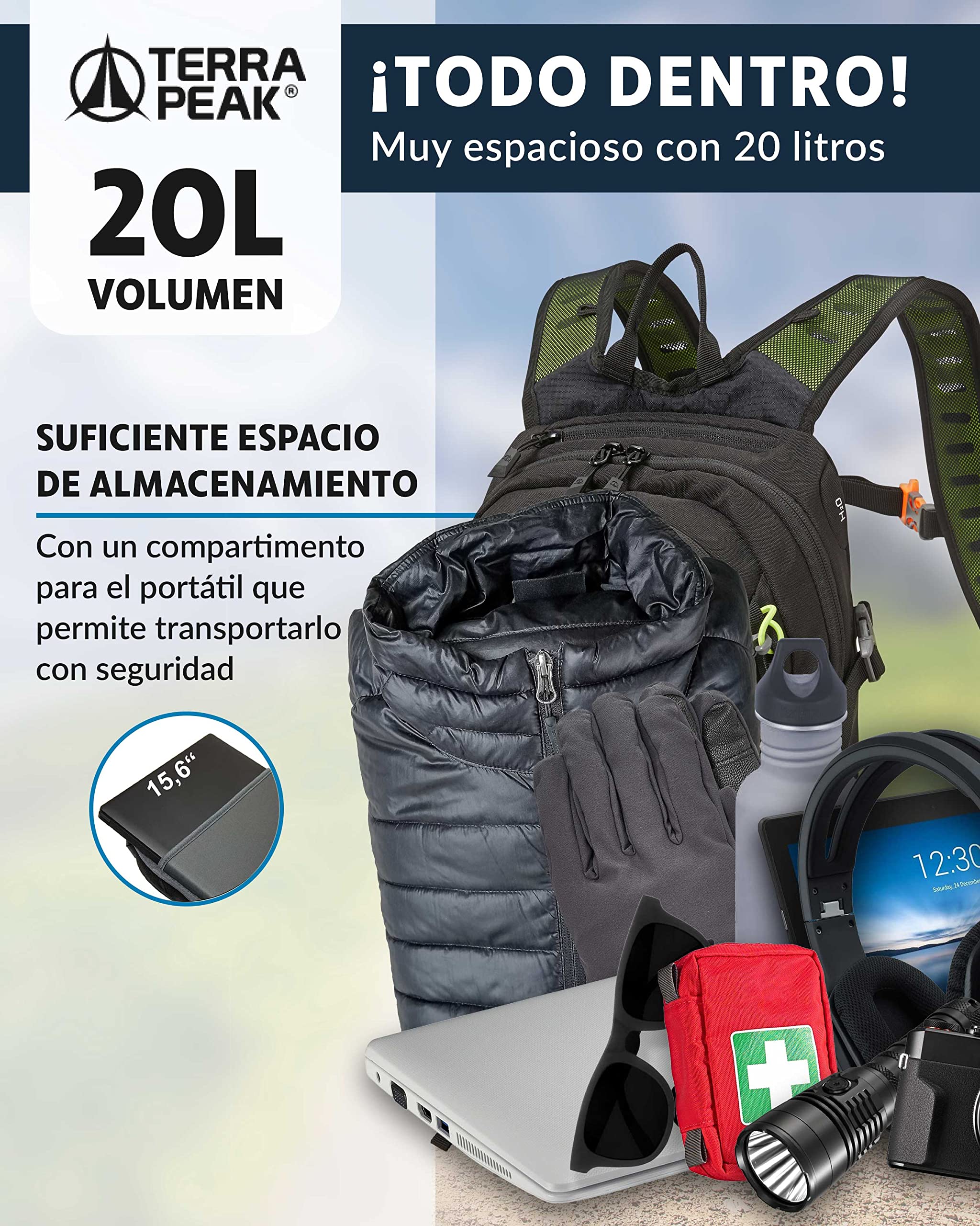 Terra Peak® Mochila de Senderismo 20L para hombre y mujer (ACTIVE 20 PEQUEÑA) - Mochila de montaña, trekking y viaje para exteriores, ergonómica e impermeable, con ventilación trasera (transpirable)