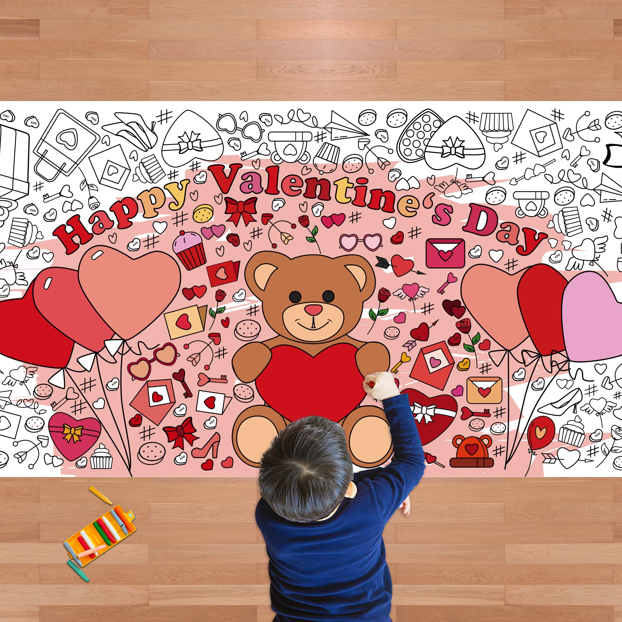 OHOME Valentines Giant Coloring Poster/Tablecloth-Valentines Day Gifts for Kids Classroom School-30 x 72 Inches Jumbo Coloring Banner Kids Crafts Games Activities Toys Decor Party Decorations