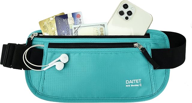 Pasek na pieniądze blokujący RFID dla mężczyzn i kobiet, wąski nerka na podróż, do biegania, ukryty portfel na paszport, telefon, gotówkę, Czarny miętowy zielony, Rfid Blocking & Belt Wide:1.45Inch,