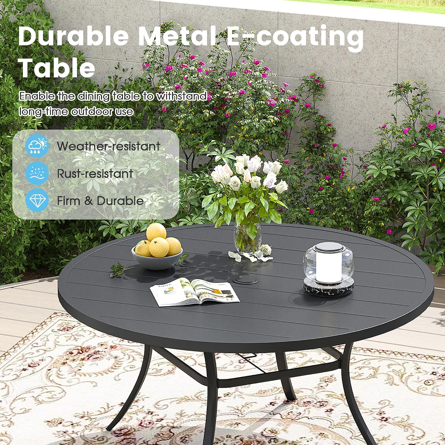 9 Pieces Outdoor Patio Dining Table Set, 63" All Weather Round Metal Table with Umbrella Hole and 8 High Back Textilene Swivel Chairs for Garden, Lawn, Poolside, Black