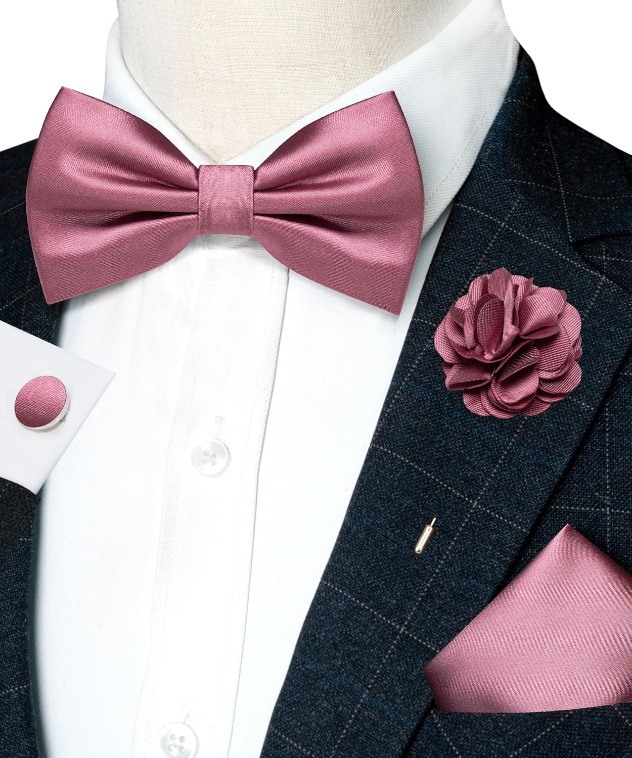 RBOCOTT Solid Color Bow Tie and Pocket Square with Lapel Pin Cufflinks Set 4PCS - Image 2