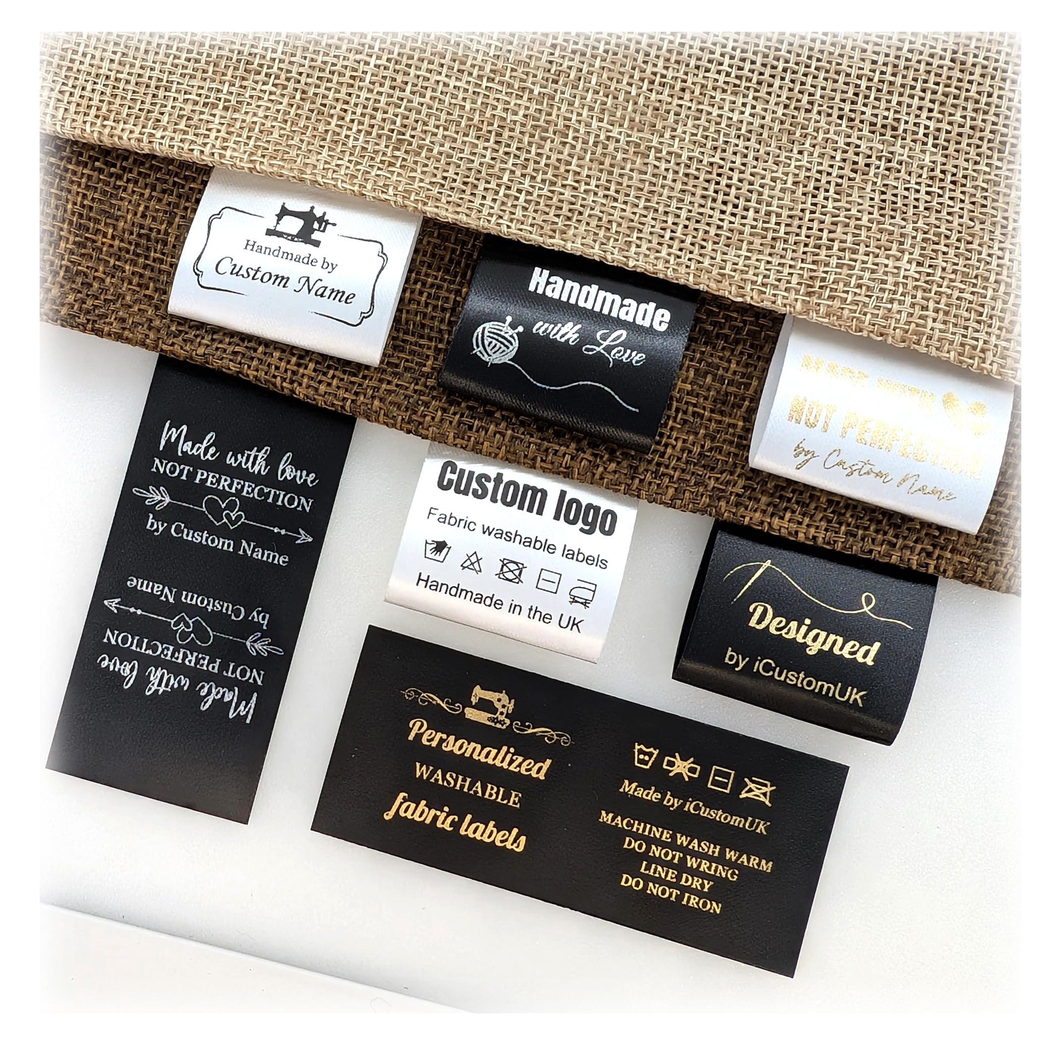 Custom Sewing Label, Sew on Washable Labels, Fold Over Fabric Tags, Personalised Logo Clothing Labels for Knitting, Quilting, wash Care and Handmade Business
