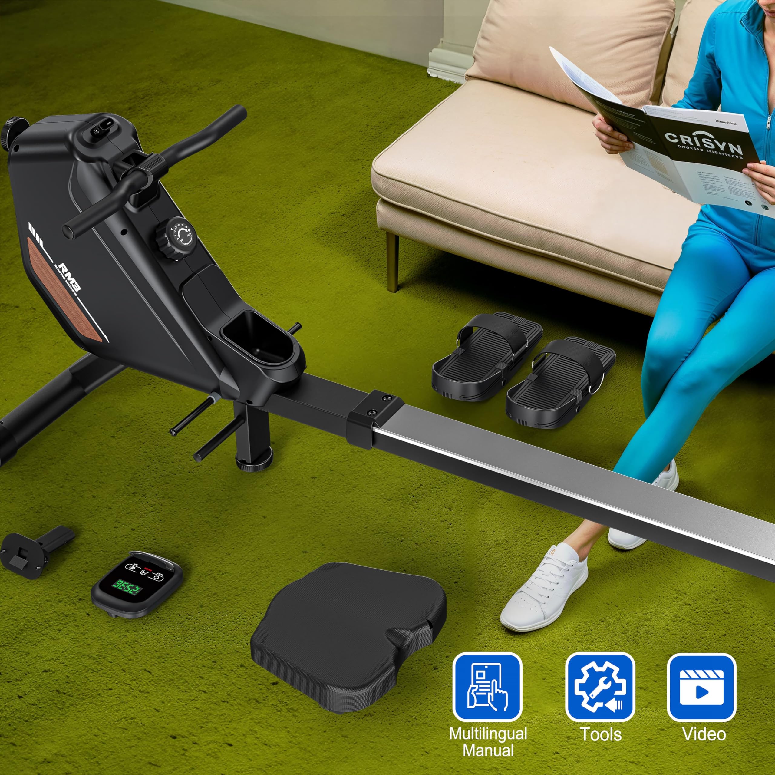 Wioślarz do domu z regulowanym opornikiem magnetycznym, wioślarze z komputerem pokładowym Bluetooth, nośność 170 kg
