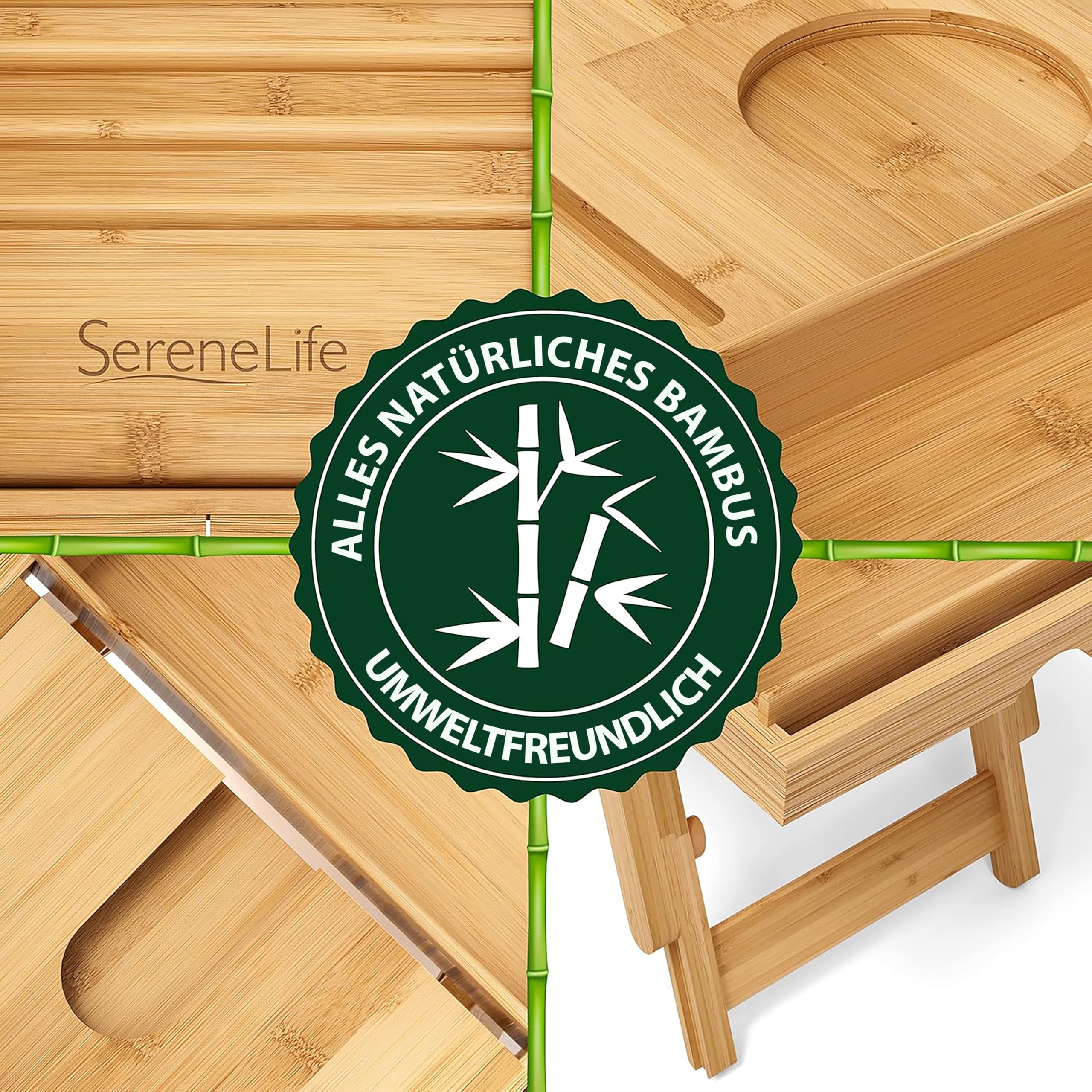 SereneLife Badewannenablage aus Bambus 2-in-1 als Bett Tablett – Ausziehbares Badewannenbrett 75–108 cm, höhenverstellbar, klappbar mit stabiler Buch- und Tabletstütze