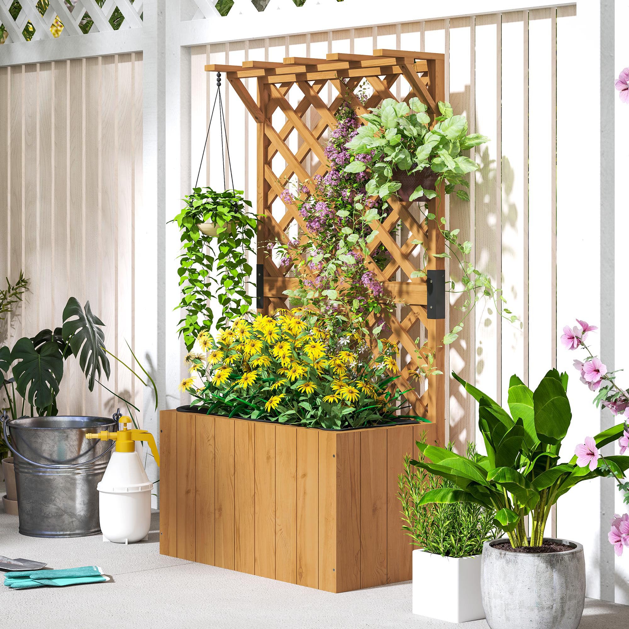 Outsunny Jardinière avec Treillis, bac à Fleurs, lit surélevé en Bois Massif avec Trous de Drainage et Doublure, pour Plantes grimpantes, légumes et Fleurs, 64 x 33 x 122 cm, Bois Naturel
