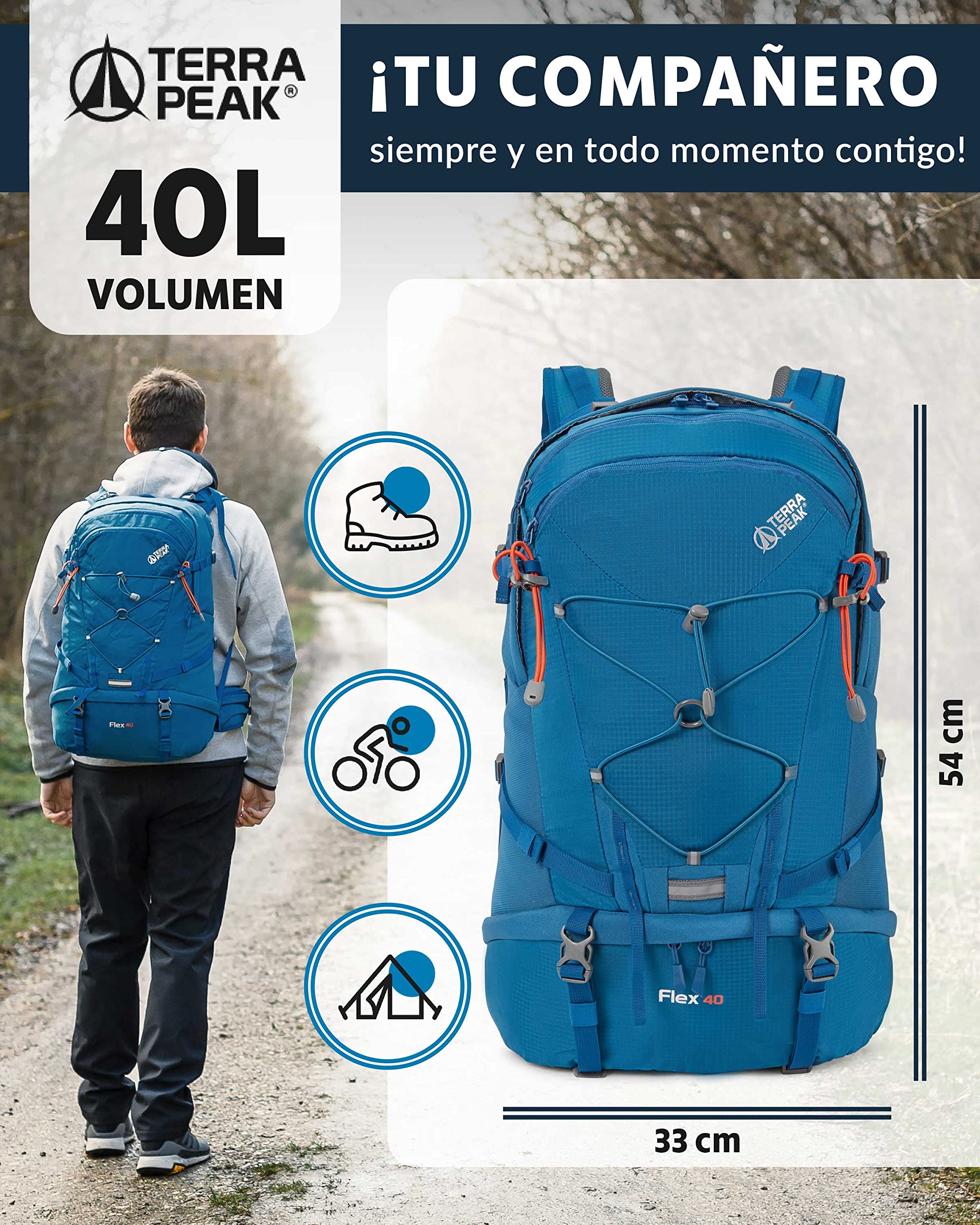 Terra Peak® Mochila de Senderismo 40L para hombre y mujer (FLEX 40 GRANDE) - Mochila de montaña, trekking y viaje para exteriores, ergonómica e impermeable con ventilación trasera (transpirable)