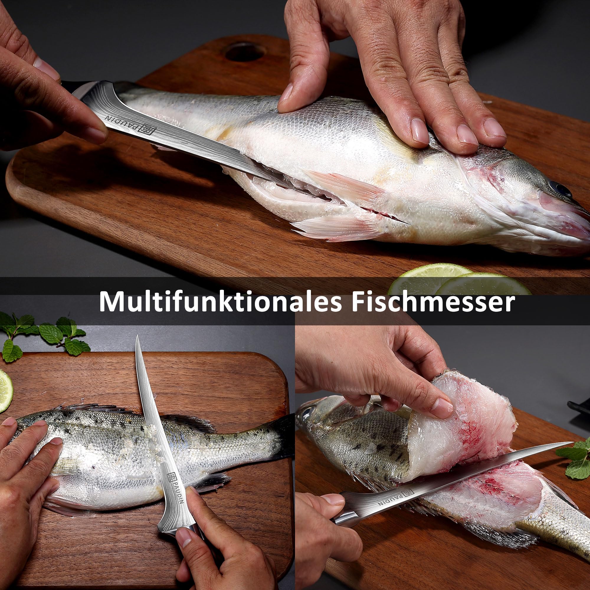 PAUDIN Filetiermesser Fisch 18 cm, Professionelles Küchenmesser Fischmesser, Ausbeinmesser aus Hochwertiger Carbonstahl, Ultrascharf Fleischermesser Fischfiletmersser mit Ergonomischem Pakkaholzgriff