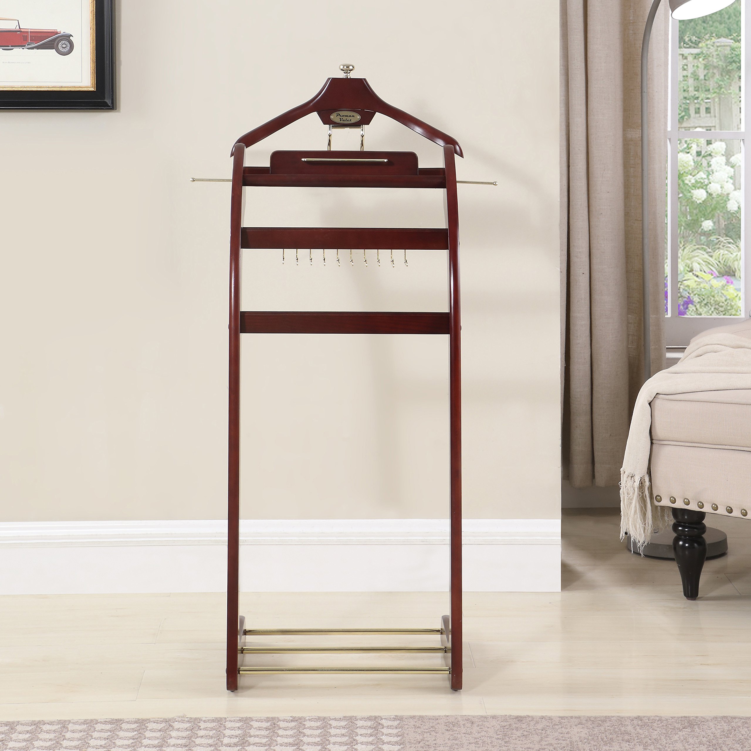 Proman Products Windsor Signature Valet Stand VL16158 with Tray Detachable Contour Hanger Trouser Bar Tie Rack 13.5 W x 16.5 D x 45 H Dark Mahogany product thumbnail 3