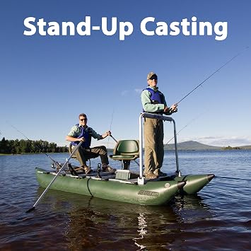 Sea Eagle 375fc FoldCat 1-2-Persons Inflatable Fishing Pontoon Boat, Lightweight & Portable, w/2 Green Swivel Seats, Pedestal, Oar Set, Scotty Rod Holders, Boat Bag, Pump