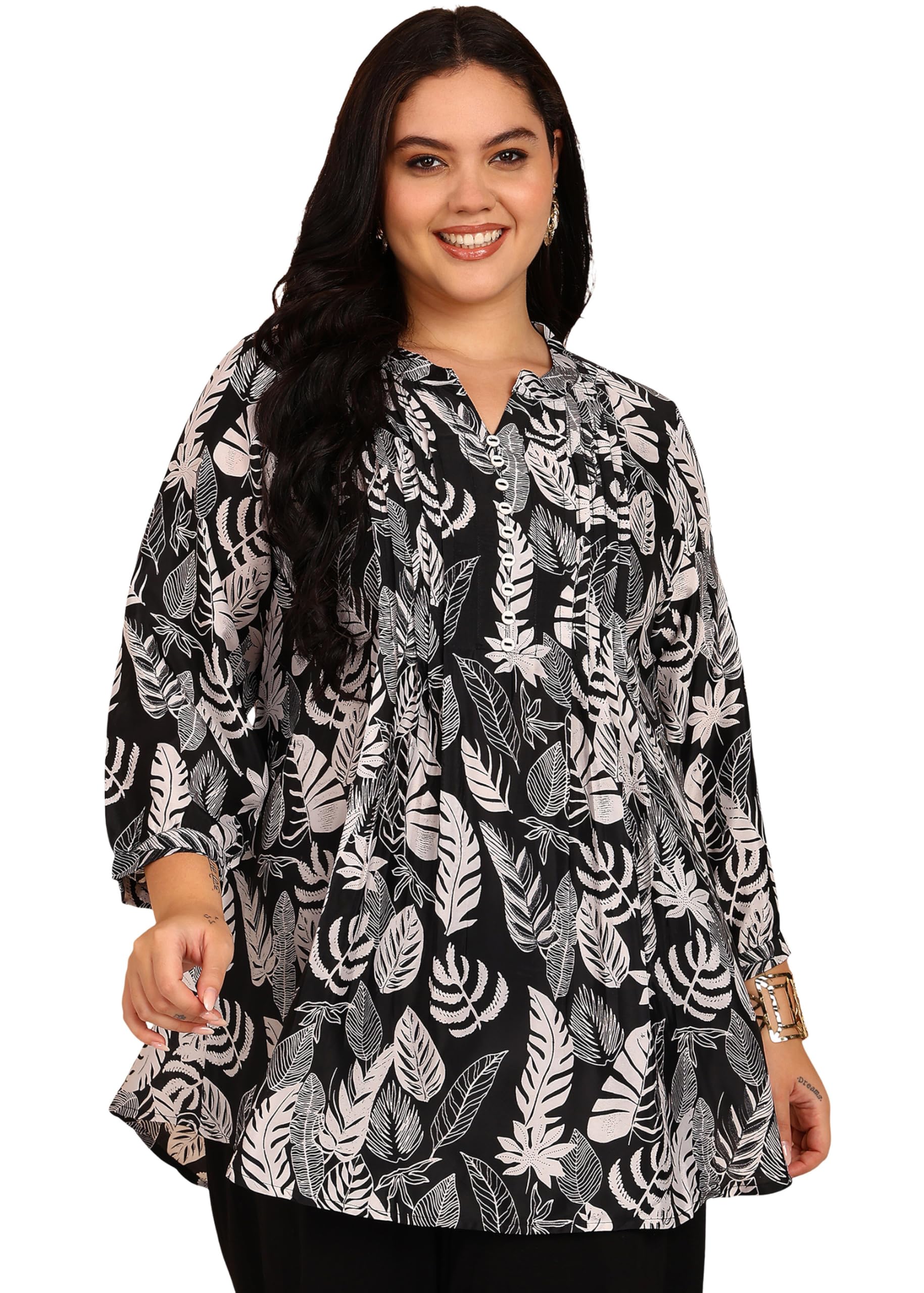 Yash Gallery Women’s Wrinkle Free Printed Short Kurti Mandarin Collar with Pintuck Pleats 3/4th Sleeve