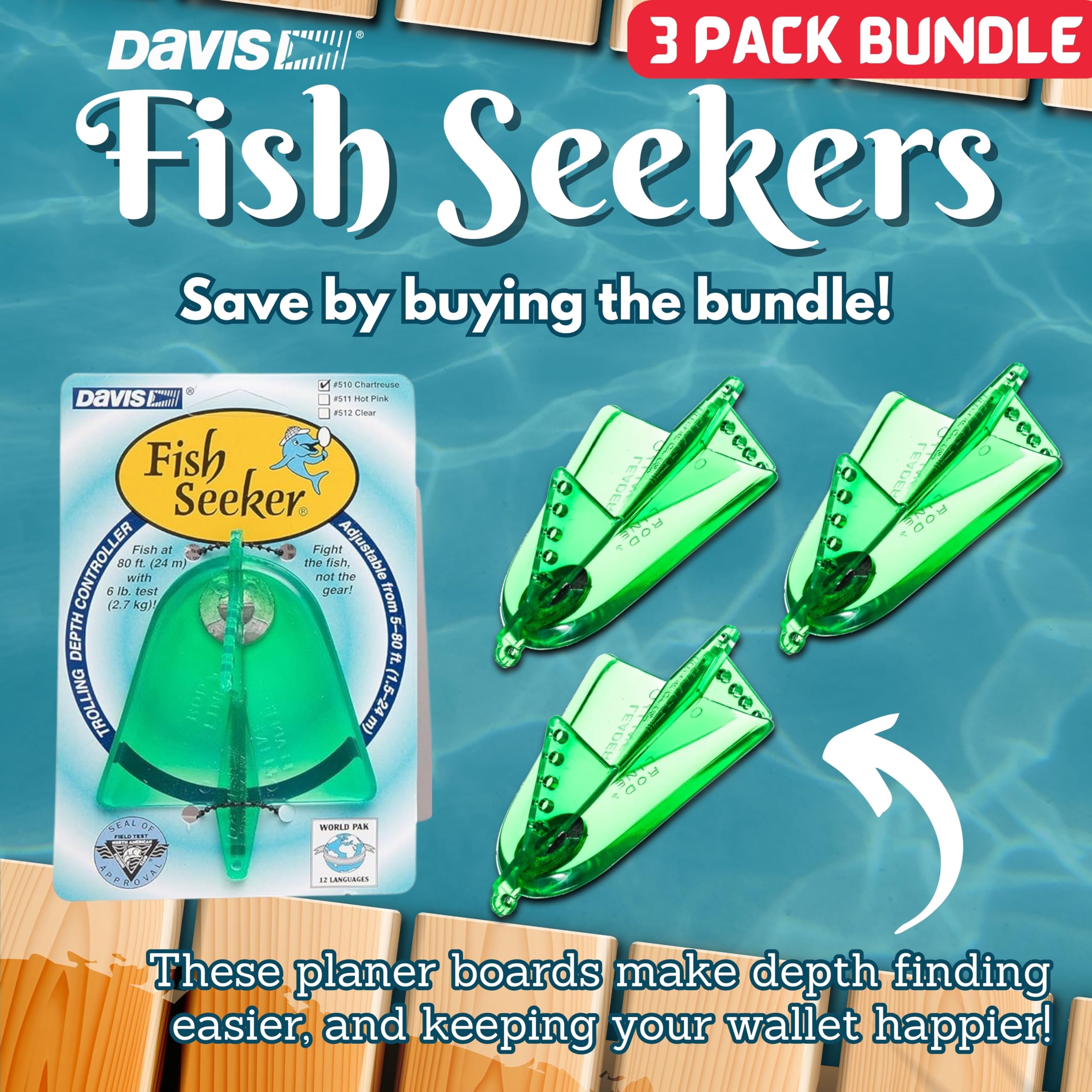 Davis Instruments Fish-Seeker Trolling Plane - (3 Pack) - Green Color