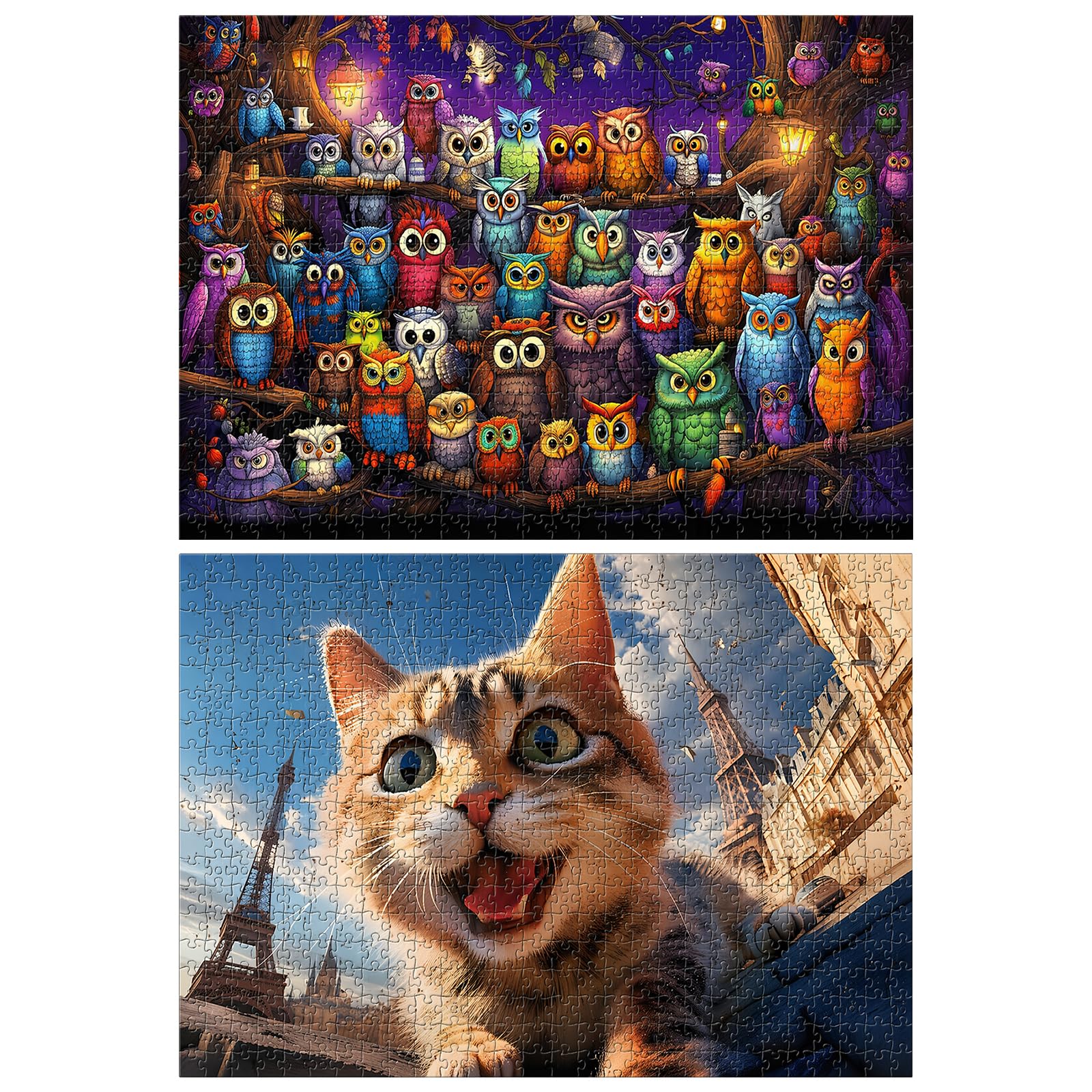 2-Pack Jigsaw Puzzles for Adults 1000, Owl and Cat Theme Challenging Puzzles for Adults 1000 Pieces, Fun Family Game Night & Stress Relief Activity