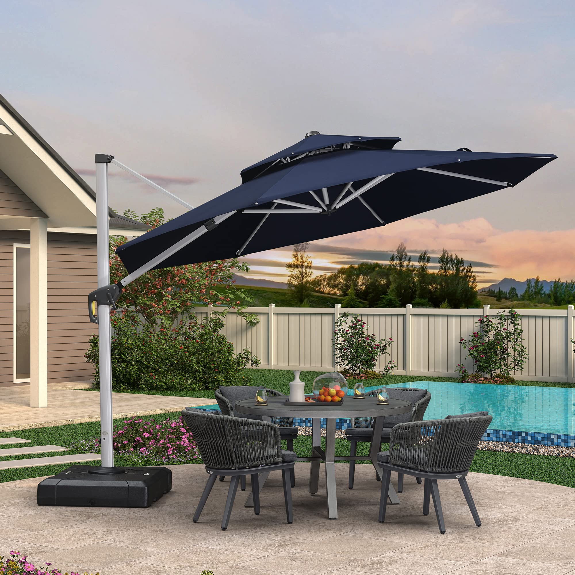 PURPLE LEAF 11 FT Cantilever Patio Umbrellas with Base Included, Large Round Offset Umbrella with 360° Rotation, Outdoor Aluminum Pool Umbrella for Pool Lawn Garden, Navy Blue : Patio, Lawn & Garden