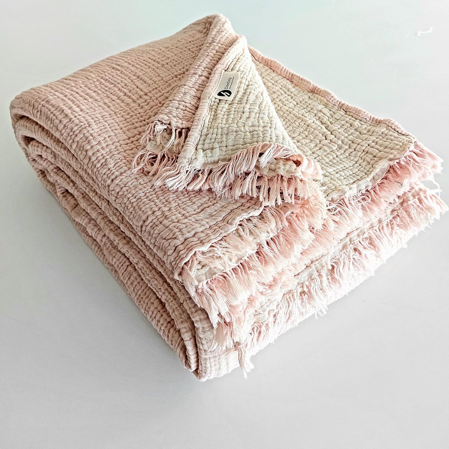 Organic Cotton 4-Layer Muslin Full Size (78 x 95 Inches) Coverlet Bedspread – Lightweight Top Layer, Dual Color, Ultra Soft & Breathable, No Ironing Required, Pre-Washed (Soft Pink & Beige) | Reversible