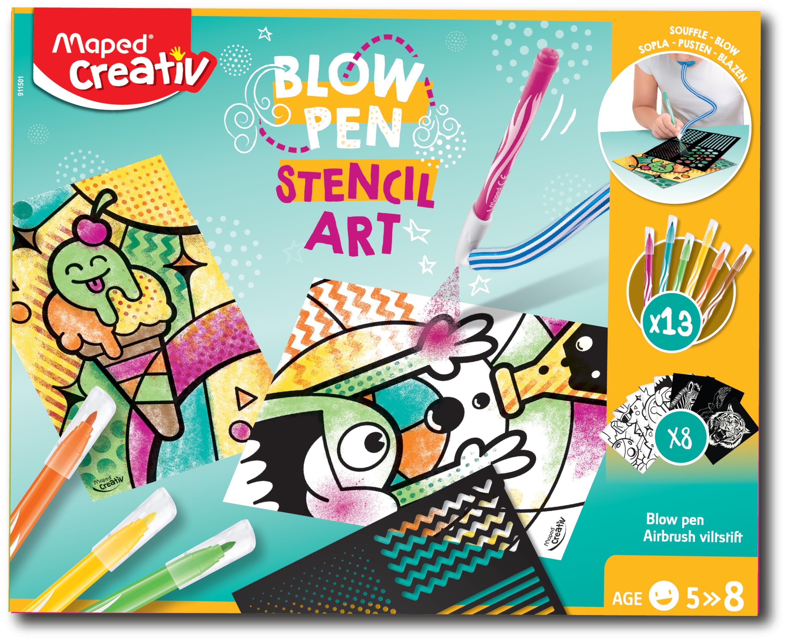 Maped Blow Pen Stencil Art Kit for Kids|1Stencil (4texture)|2 Airbrush with 13 Washable Felt-tip Pens|8 Printed Drawing Sheet for Coloring| Spray Blowpen| Inspiring & Creative Gift for 5+ age Children