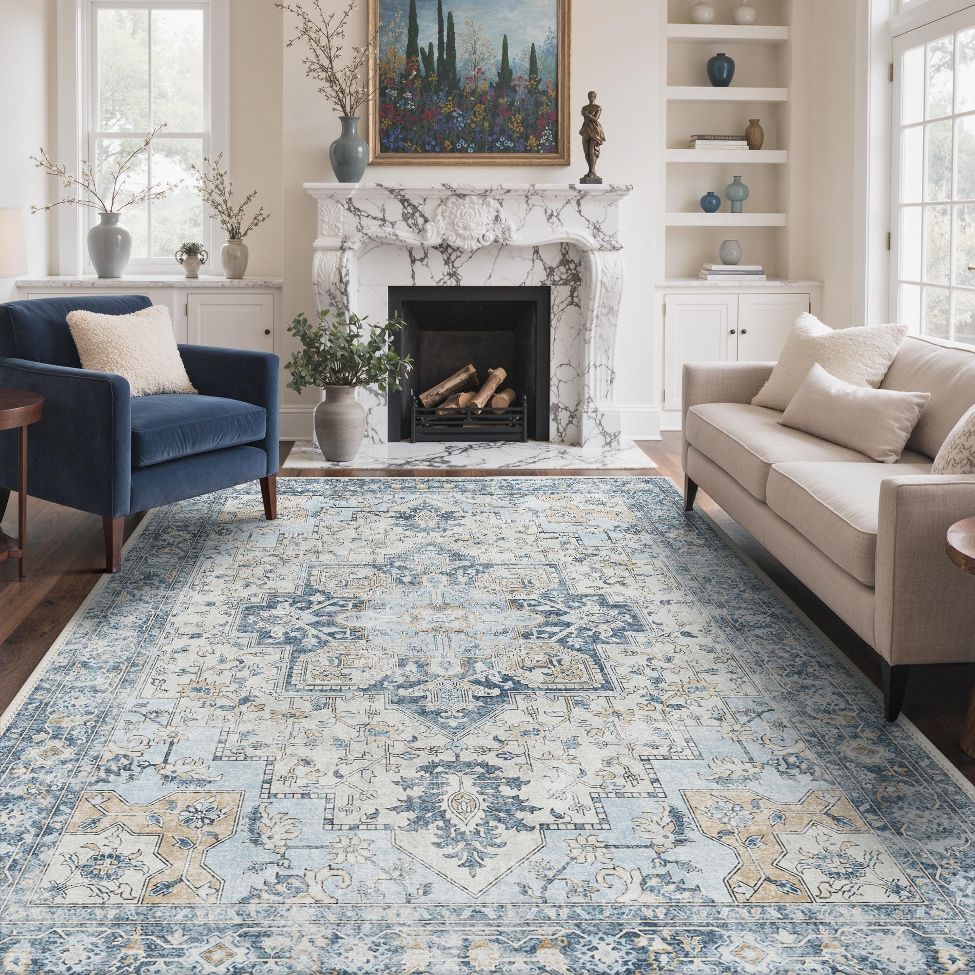 GENIMO 7'6''x9'6'' Area Rugs for Living Room, Machine Washable Non Slip Vintage Rugs, Low Pile Lightweight Chenille Print Rug for Bedroom, Dining Room