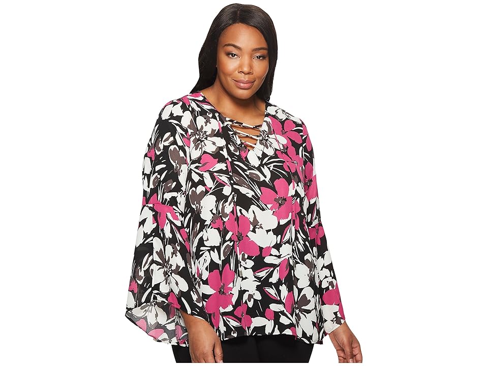 

B Collection by Bobeau Plus Size Dawn Flare Sleeve Blouse (Floral Magenta) Women's Blouse, White