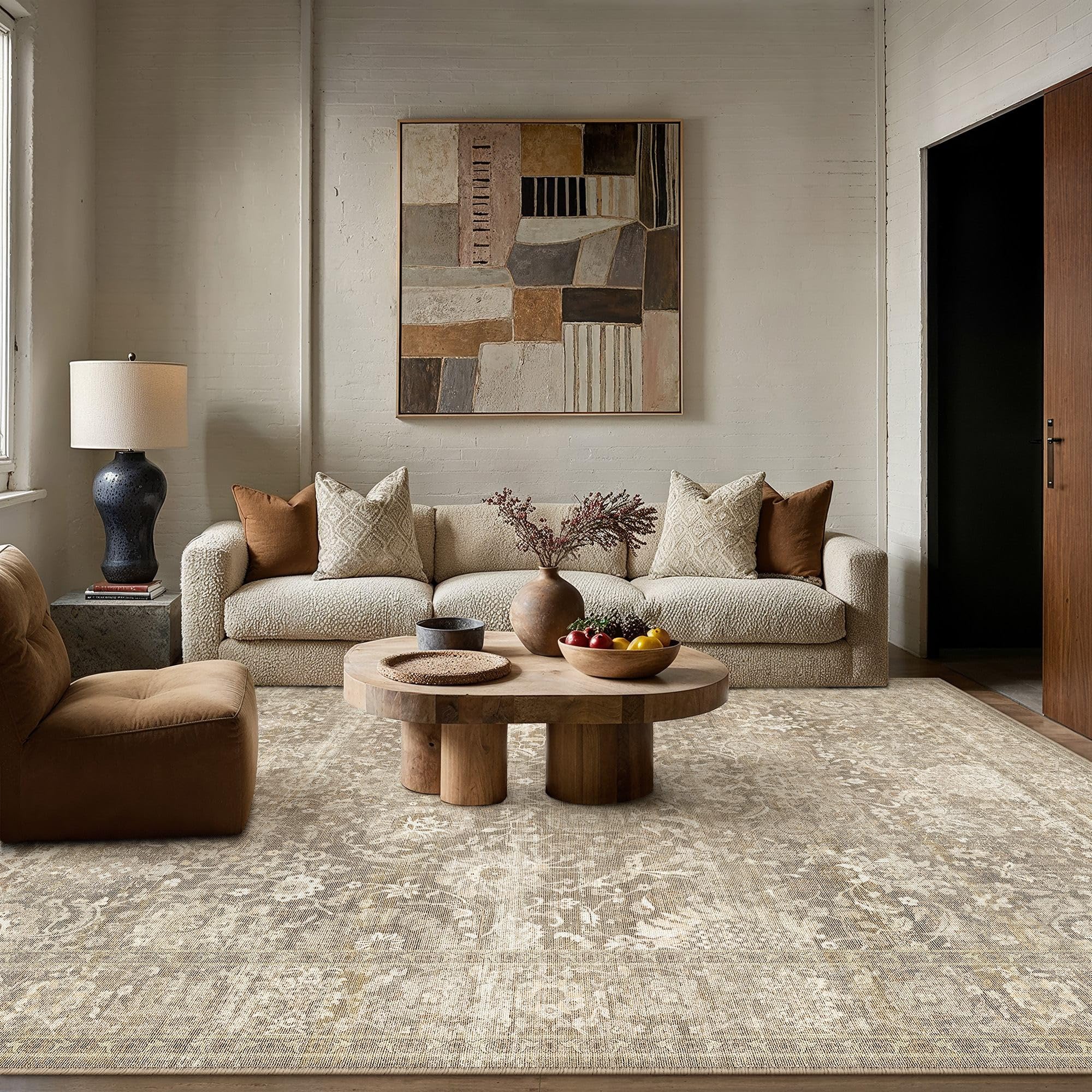 hugear area rugs 6x9 vintage beige machine washable large living room bedroom rug retro distressed non slip stain resistant neutral low pile throw carpet for home aesthetic decor