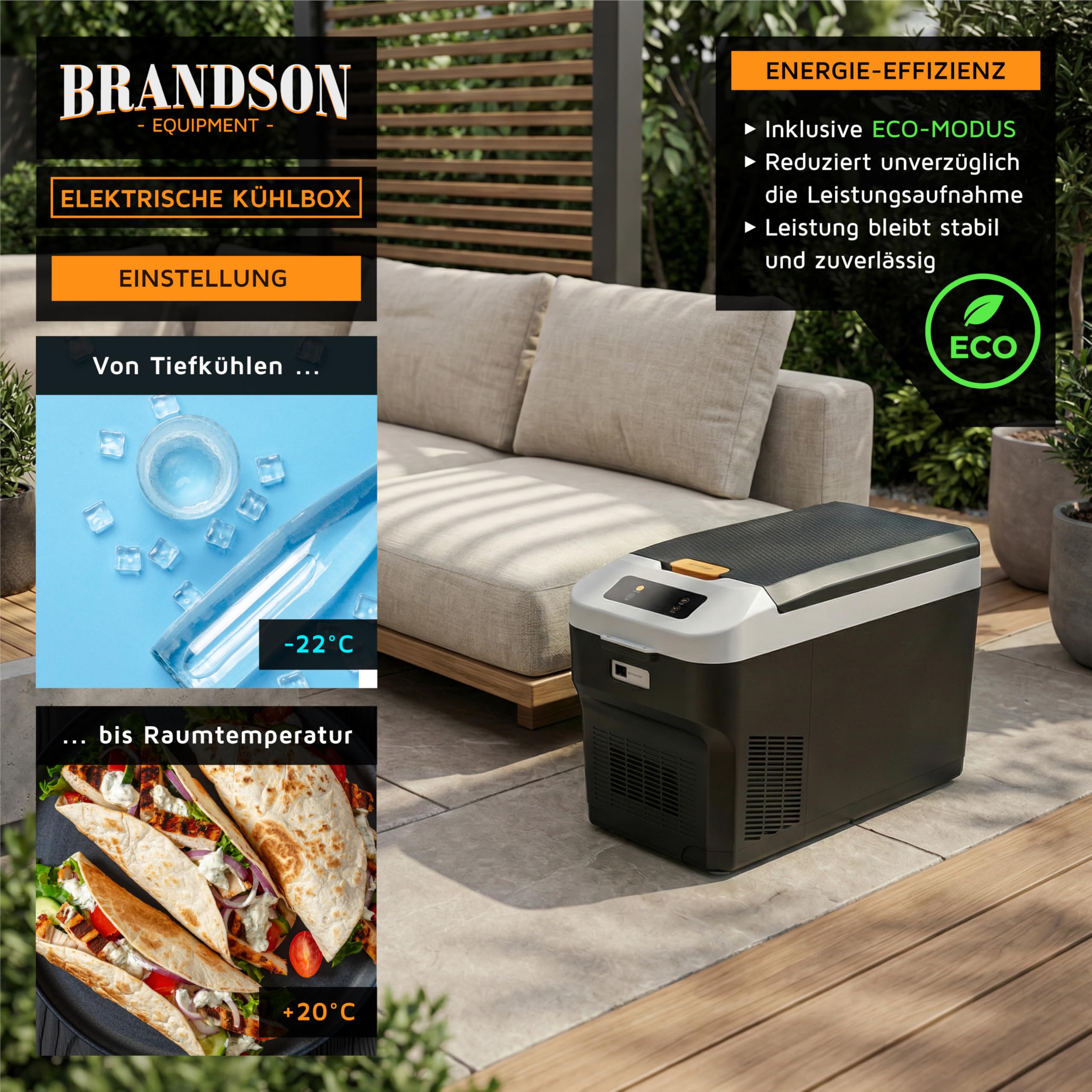 Brandson - Kühlbox elektrisch mit Kompressor - XXL 27 Liter – 12v 230v - zwei Fächer – starke Kühlleistung – zwei Betriebsmodi – Gefrierbox Gefriertruhe mit ECO-Modus – für LKW Auto Camping Boot