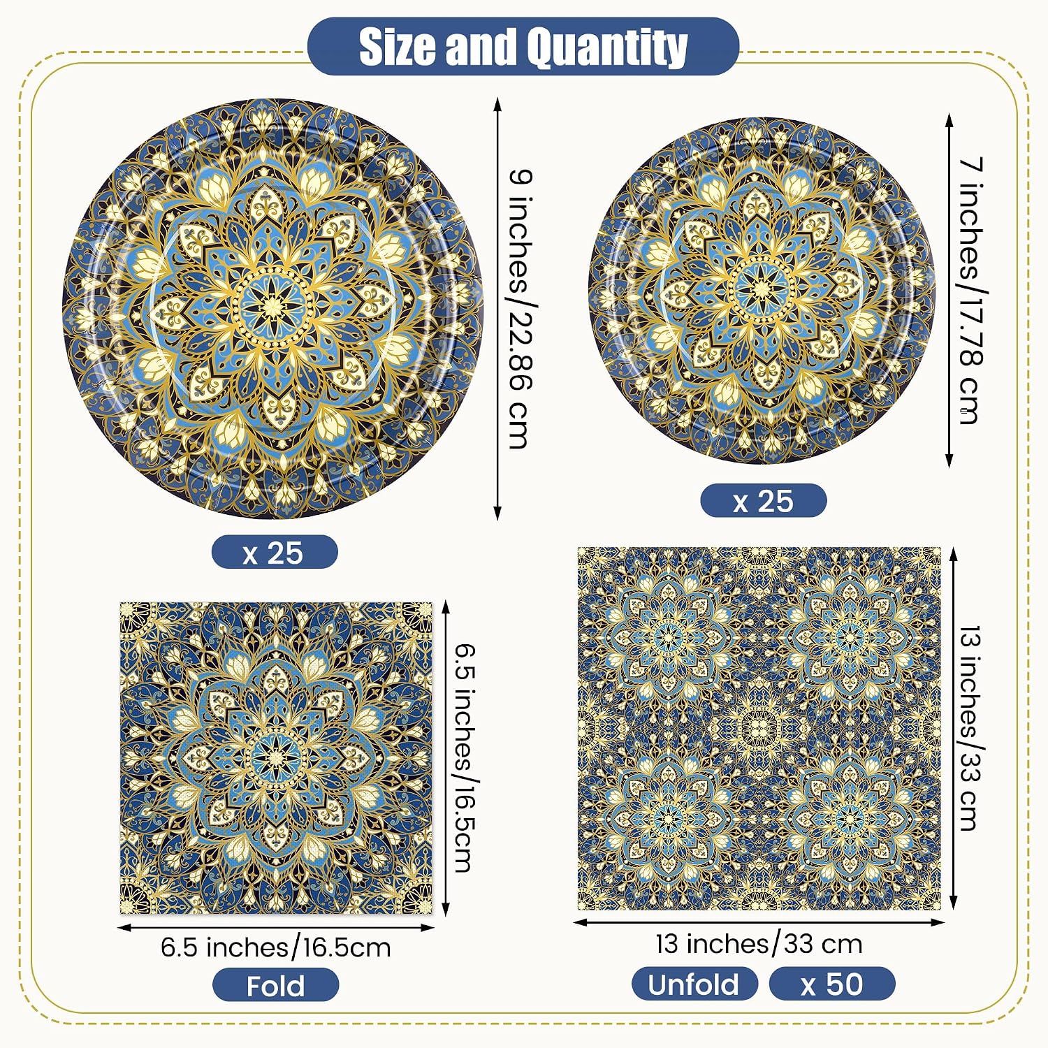 Kochorie 100 Pieces Bohemian Style Paper Plates and Napkins Set Vintage Bohemian Decorative Paper Plates (25 x 7 Inch & 25 x 9 Inch) Boho Tableware Set for Daily Use Party Kitchen Wedding Decor image 2