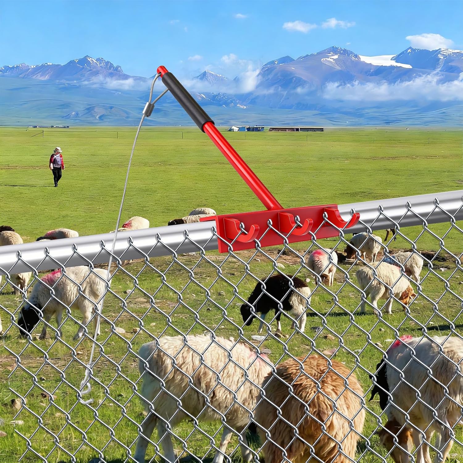 Chain Link Fence Tool, Heavy Duty Fence Stretcher Tool with Non-Slip Handle, 27.5" Steel Cable Hook, Chain Link Fence Top Rail for Stretching and Tensioning Top Rails and Fence Mesh,1 Pack
