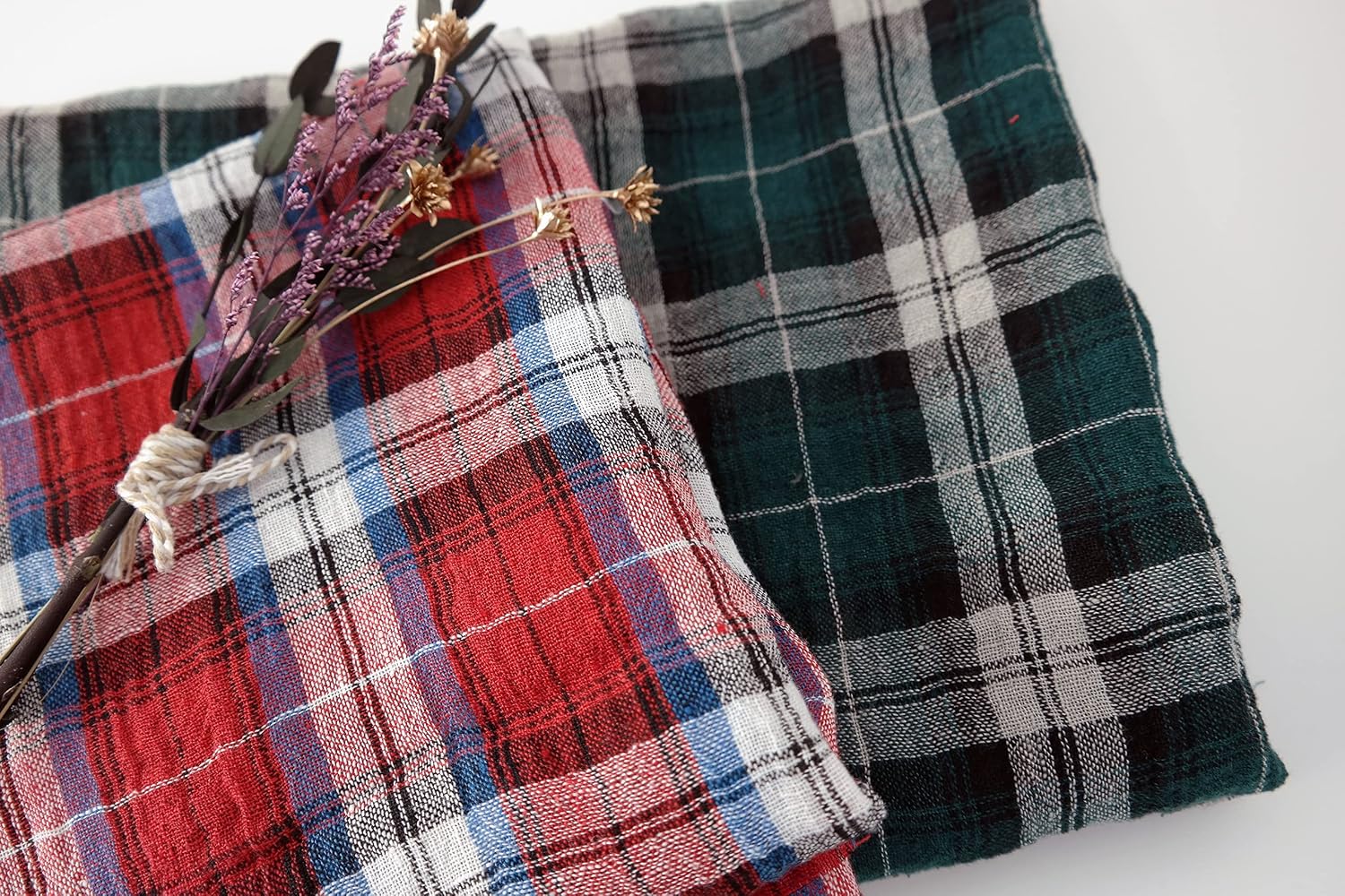 Red Linen Plaid Fabric with Wrinkle Effect | Premium Quality Material for Apparel, Crafts and Home Decor