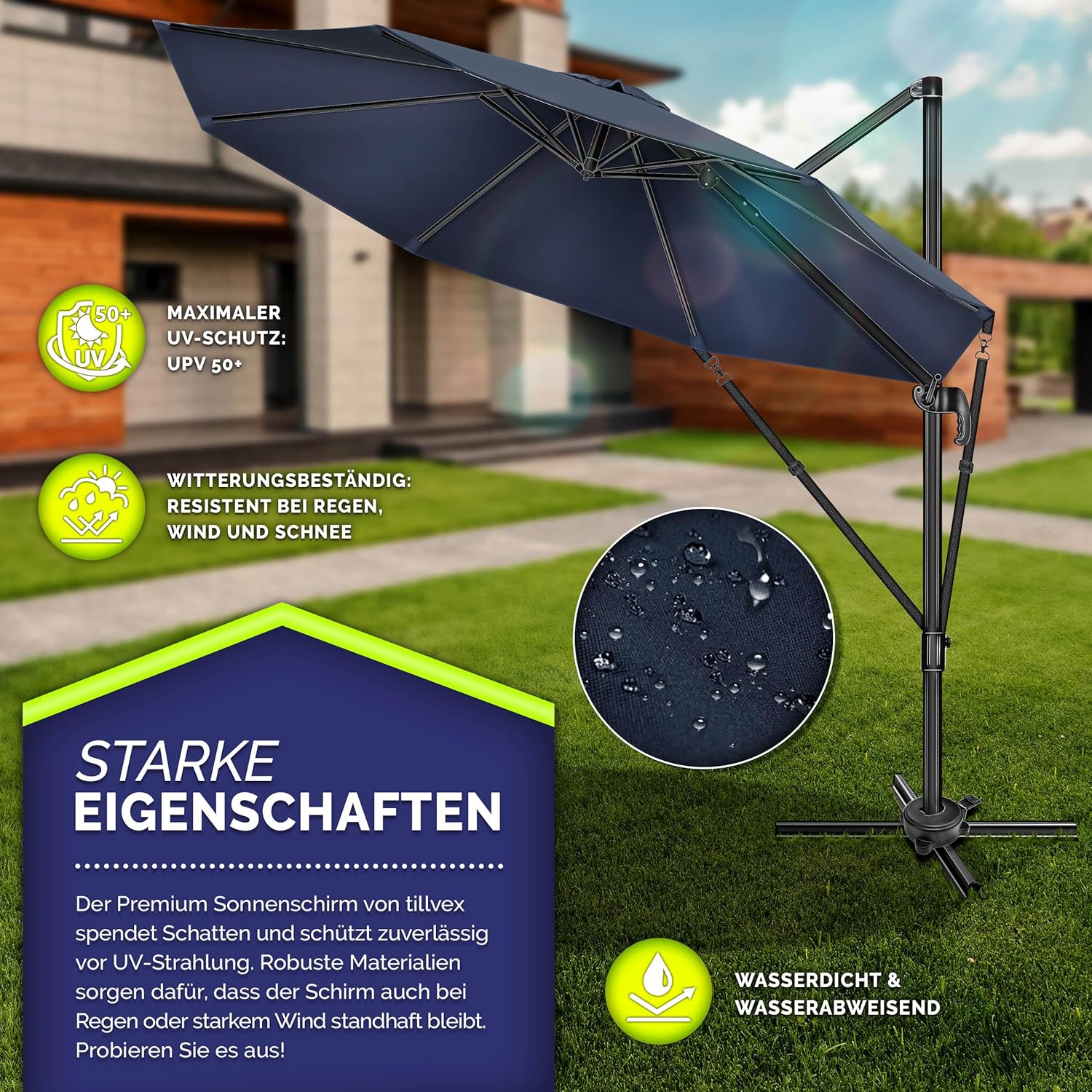 Image highlighting the waterproof and UV-protective features of the tillvex parasol fabric.