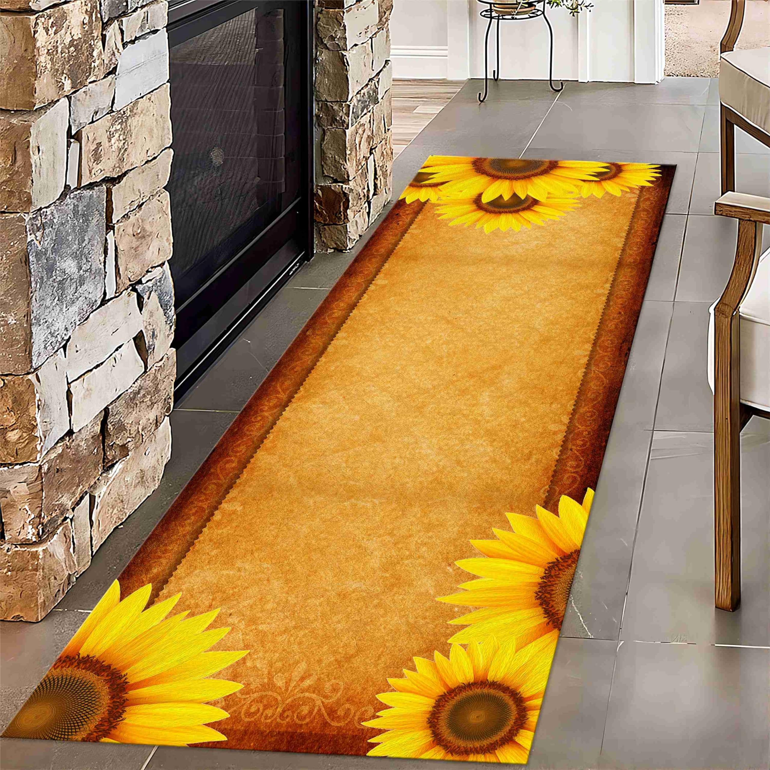 LHOMKCV Spring Floral Long Runner Rug, 2x7ft, Rustic Blooming Yellow Sunflowers Pattern Hallway Rug, Retro Floral Plant Kitchen Rug, Non-Slip Washable